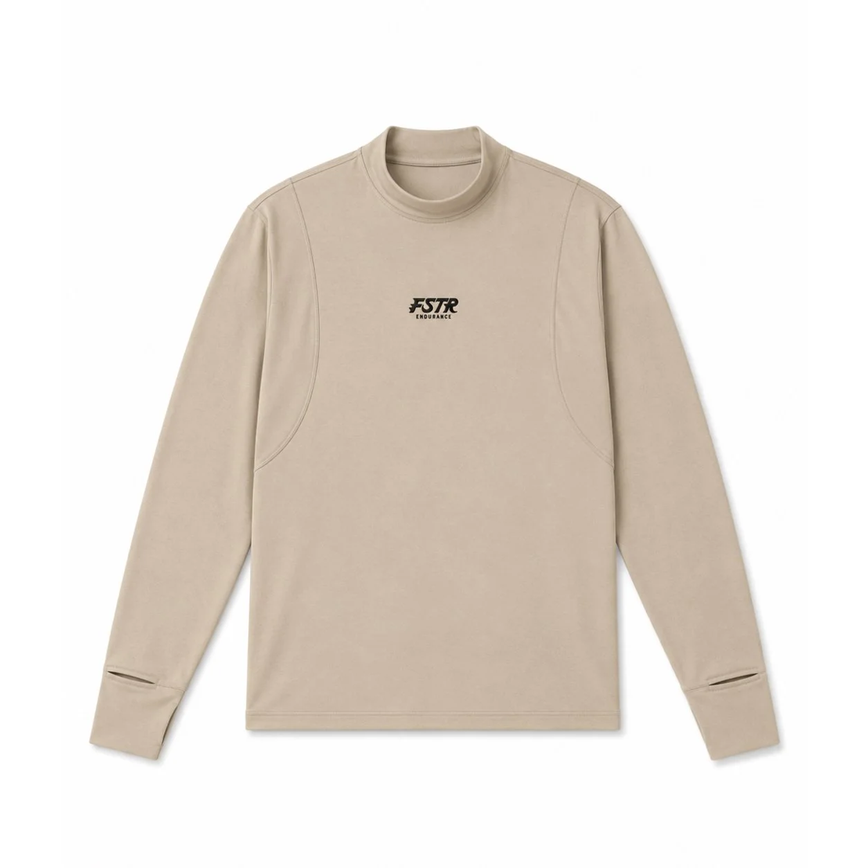 FSTR Endurance logo on a beige long-sleeve athletic top — running club branded apparel mockup with a small chest logo on a mock-neck performance shirt.