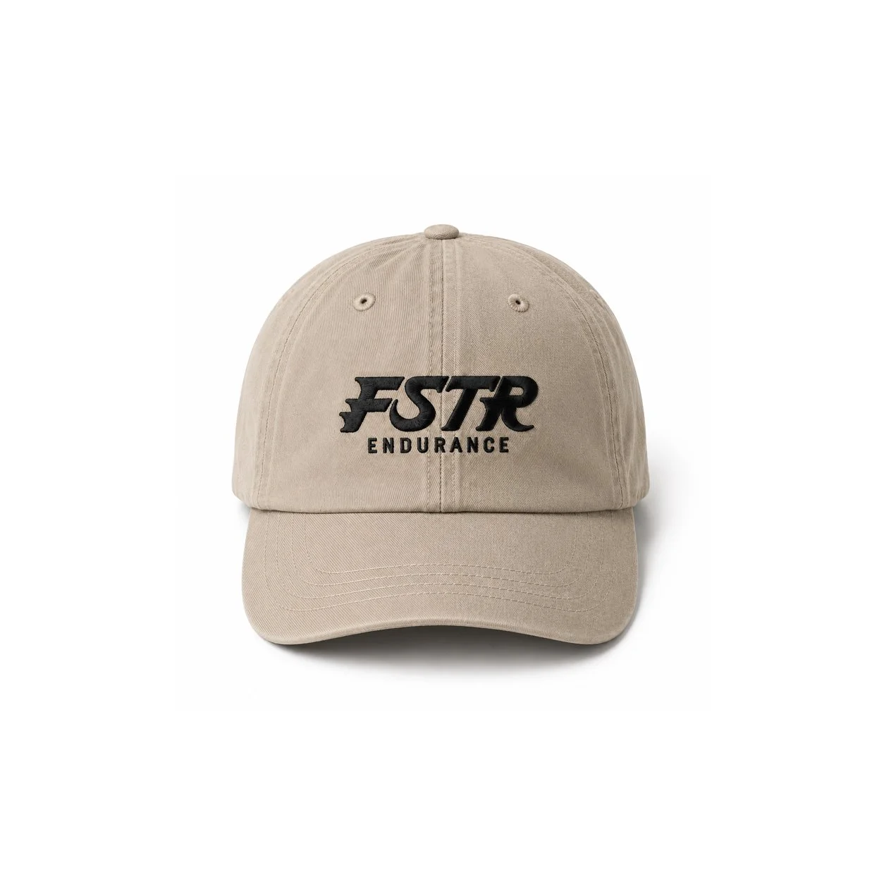 FSTR Endurance logo embroidered on a beige baseball cap — running club branded headwear mockup showing the wordmark applied to structured cap merchandise.