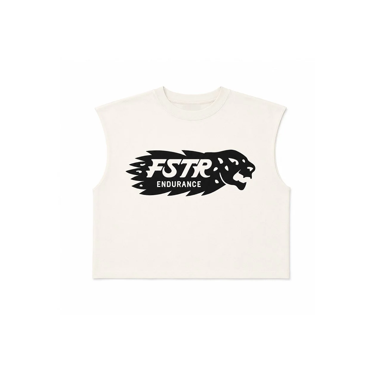 FSTR Endurance panther logo on a white sleeveless shirt — branded running club merch mockup showing the panther logo mark applied to athletic apparel.