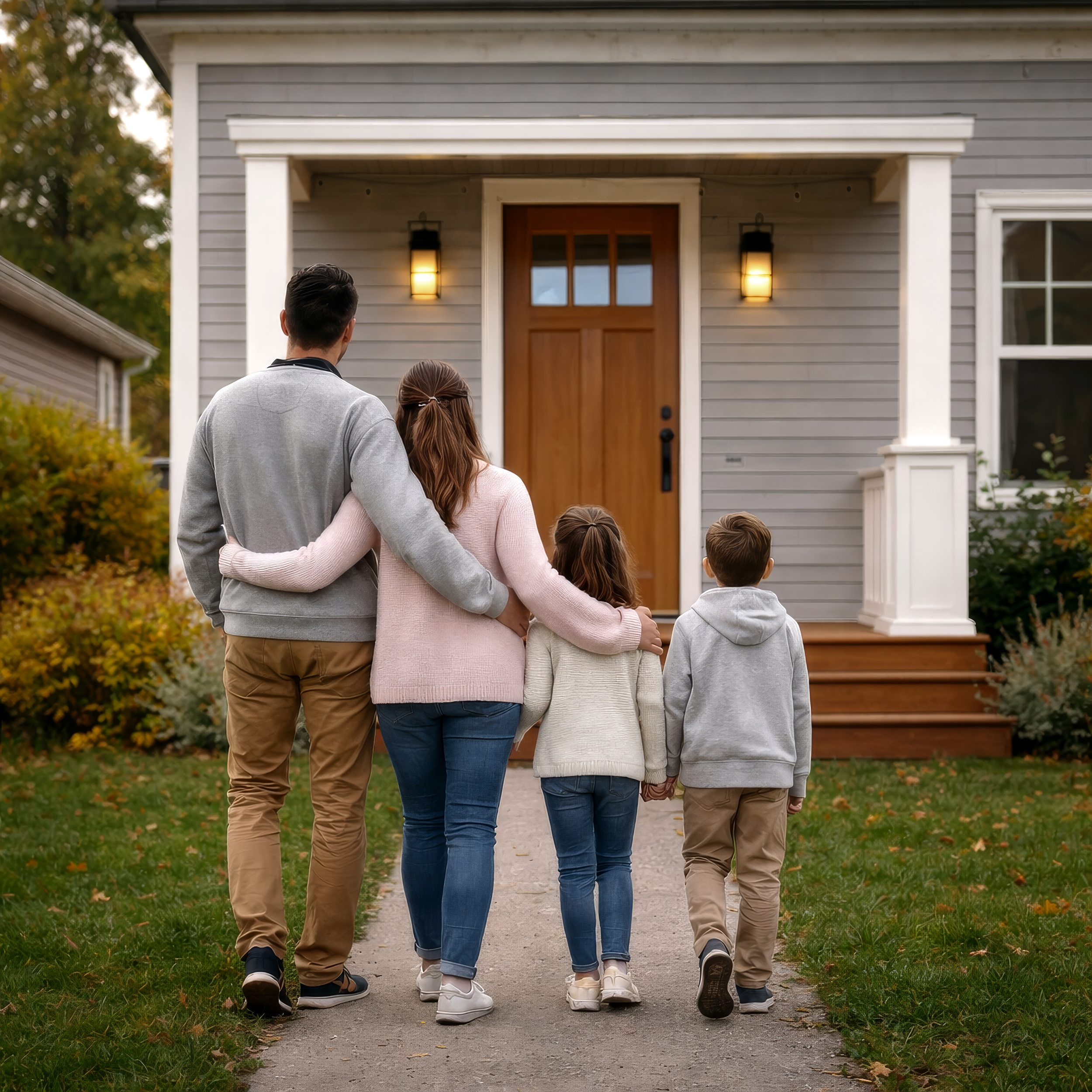 A family of four walks hand-in-hand toward the front door of their new home — warm real estate lifestyle photography for The Apex Team brand.