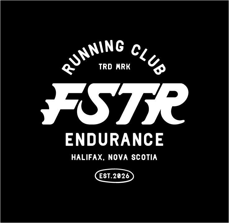 FSTR Endurance Running Club primary logo badge — white wordmark and heritage badge design on black, featuring arched Running Club type, Halifax Nova Scotia, and Est. 2026, designed by So Very Madly.