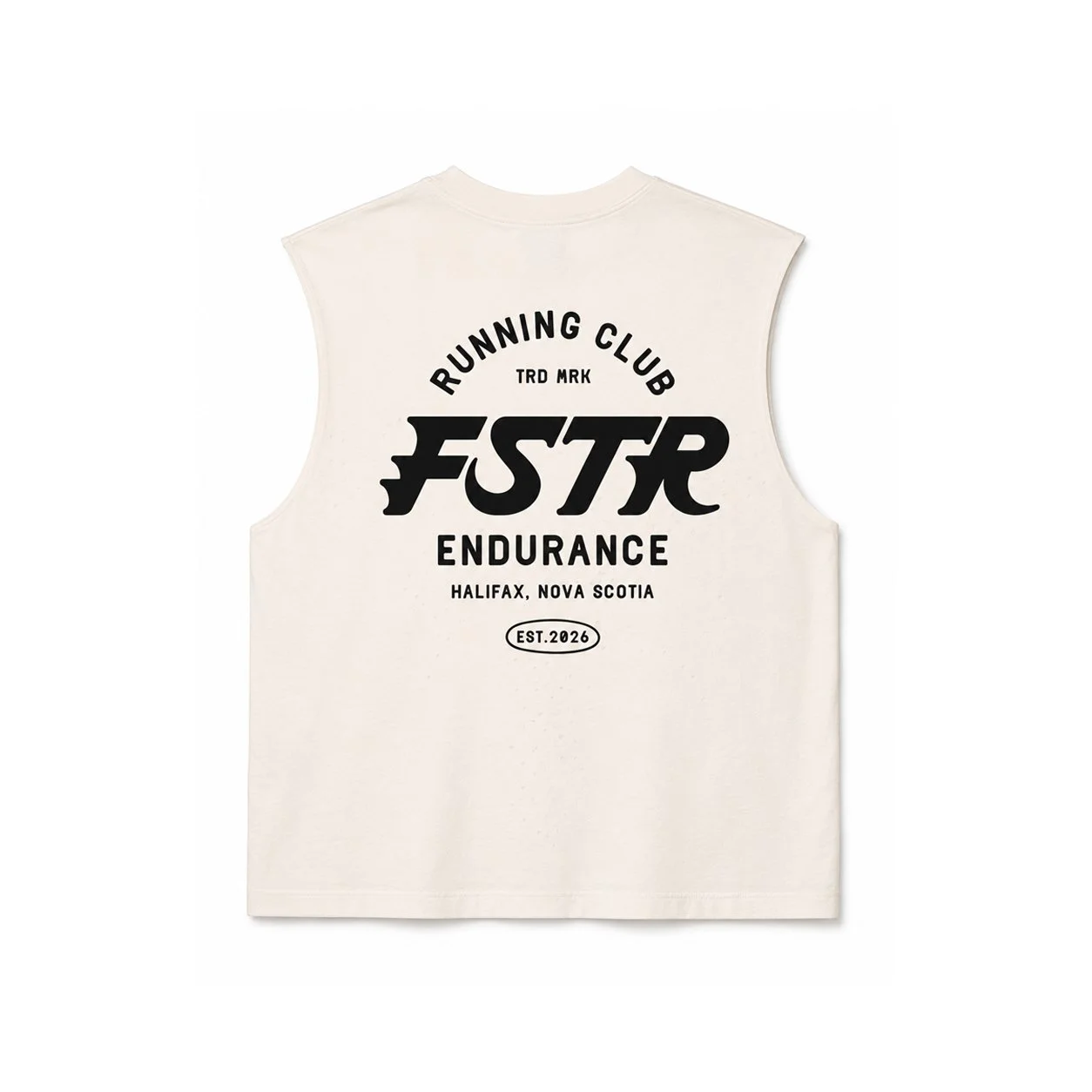 FSTR Endurance Running Club full badge on the back of a white sleeveless shirt — branded merch mockup showing the heritage logo with Halifax, Nova Scotia and Est. 2026.