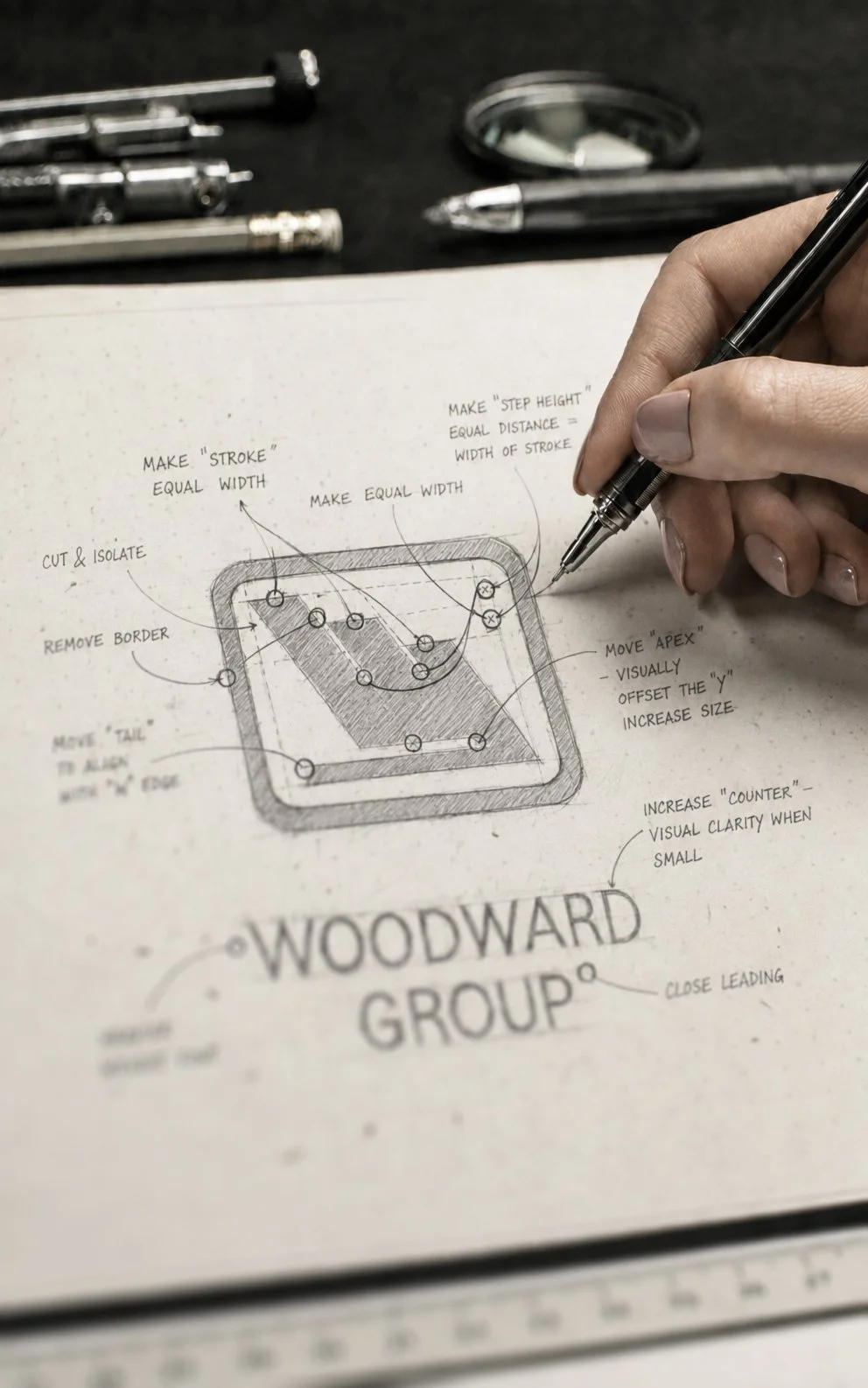 Hand-drawn logo sketches on paper, including several directions that were not chosen.