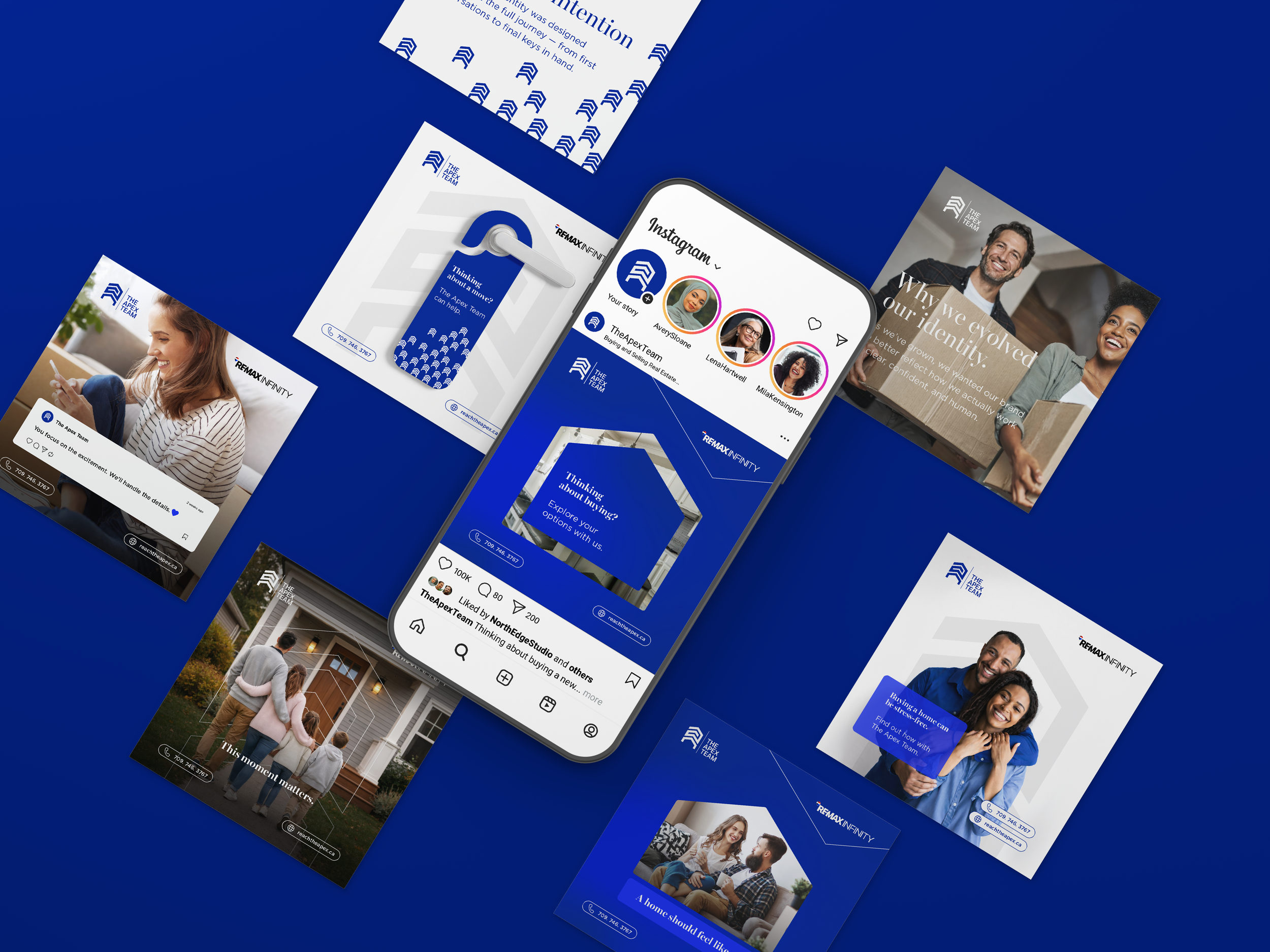 Scattered phone screens showing The Apex Team's 44-piece social media template suite — listing posts, agent intros, and brand graphics in electric blue.