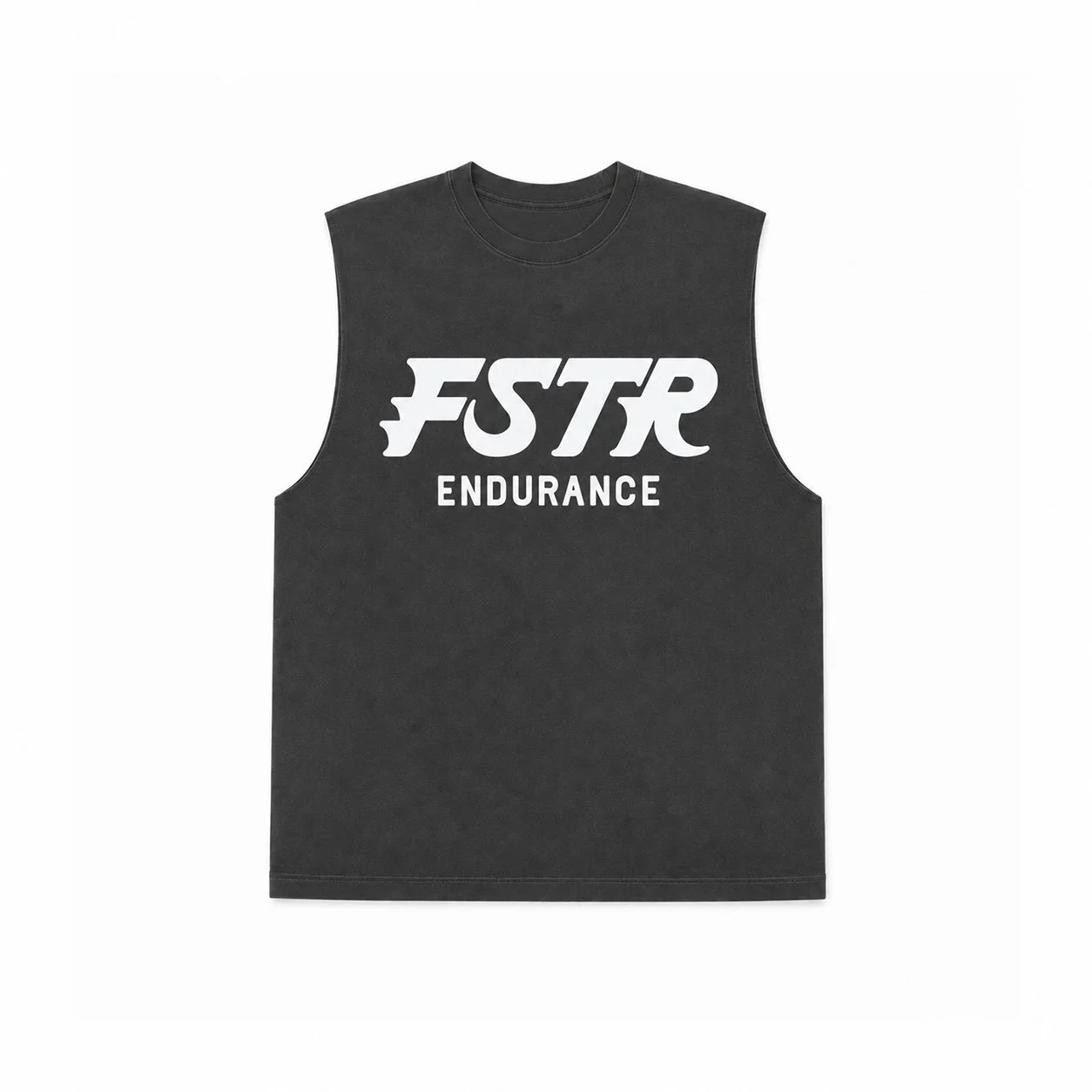 FSTR Endurance Running Club badge on a faded black T-shirt — branded merch mockup featuring the full heritage badge with Halifax, Nova Scotia and Est. 2026.
