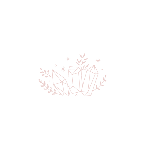 Illustration de trois cristaux entourés de branches et d'étoiles, dessin en lignes fines de couleur rose pale sur fond noir.