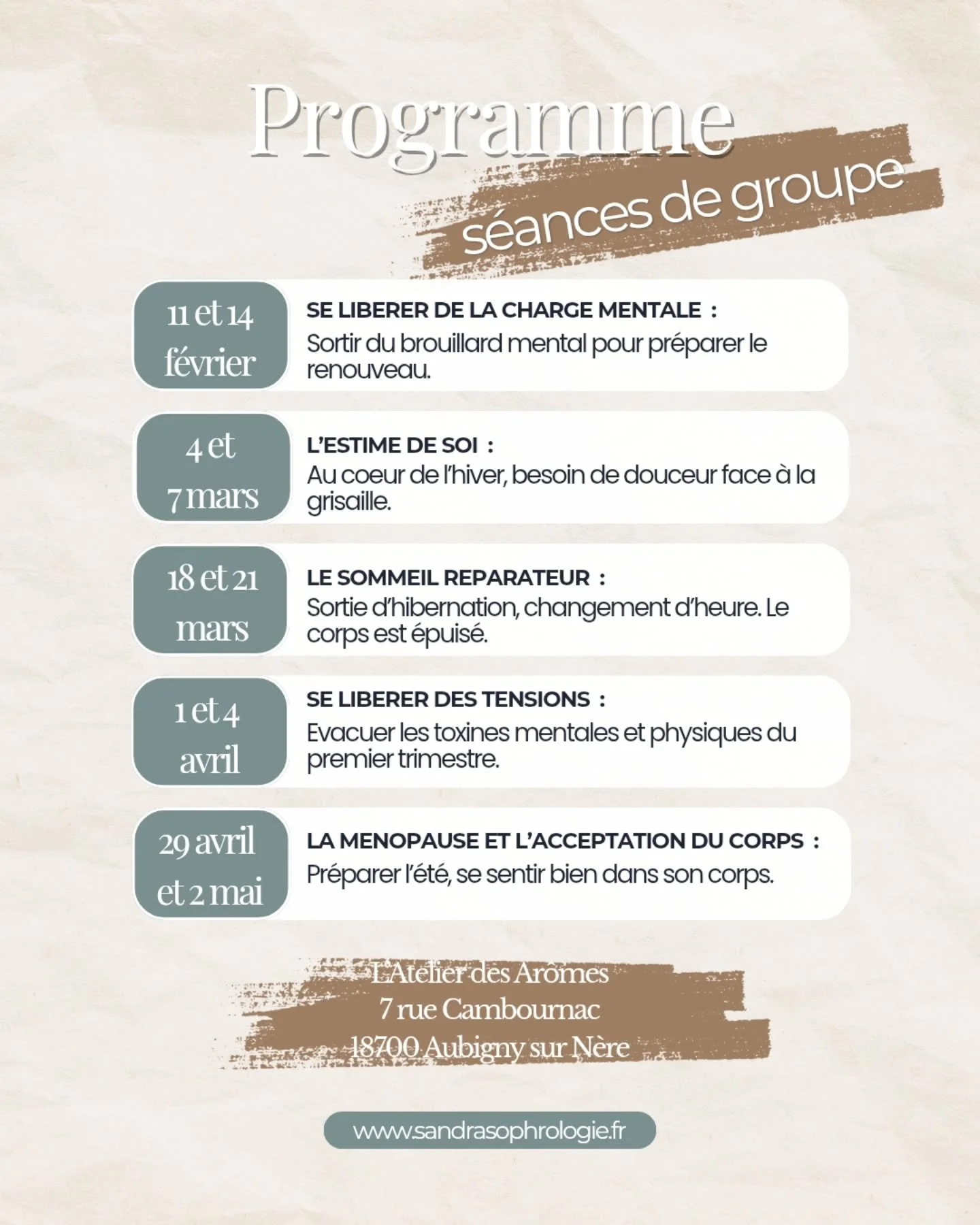 Et si votre prochain rendez-vous bien-&ecirc;tre se passait &agrave; Aubigny ? ✨ Le nouveau programme des Ateliers des Ar&ocirc;mes est disponible !

Parce que chaque saison demande une &eacute;coute diff&eacute;rente de son corps, j'ai imagin&eacute