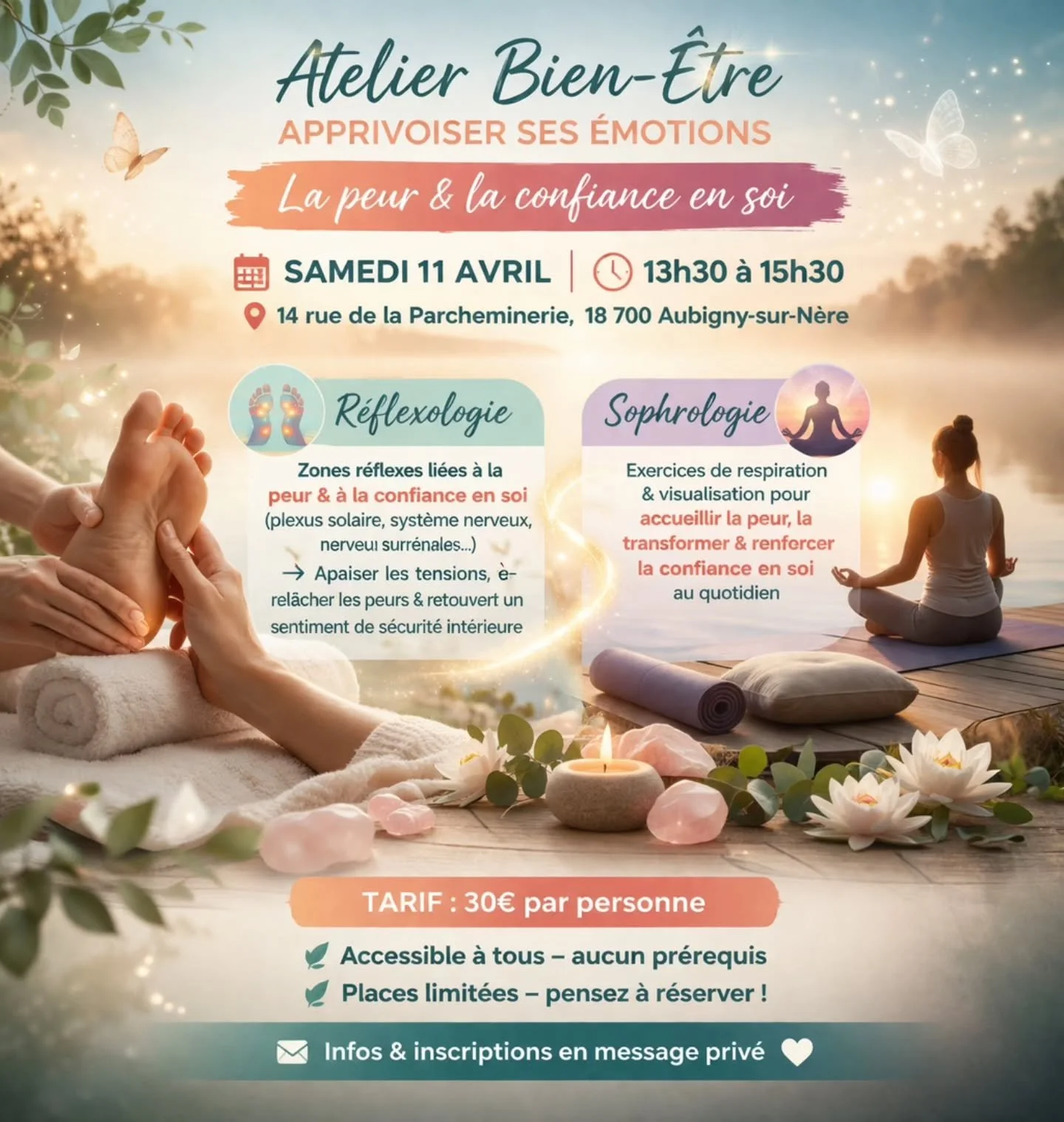 🌿 Atelier Bien-&Ecirc;tre : Apprivoiser ses &eacute;motions 🌿

Et si vous preniez un moment pour vous reconnecter &agrave; vos &eacute;motions&hellip; en douceur ?

Je suis ravie de vous proposer un atelier unique en collaboration avec C&eacute;cil