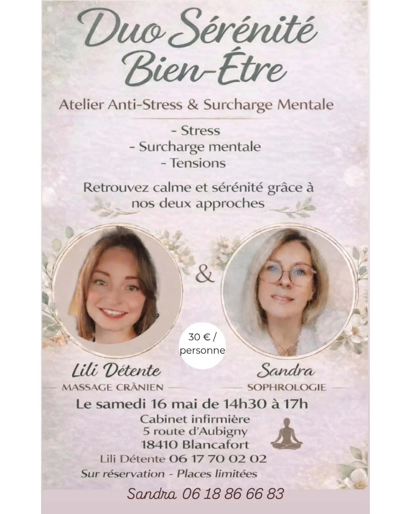 Duo S&eacute;r&eacute;nit&eacute; &amp; Bien-&ecirc;tre : Votre pause douceur 🌿

Et si vous d&eacute;posiez enfin la charge mentale le temps d&rsquo;un apr&egrave;s-midi ?

Le stress, la surcharge, les tensions qui s'accumulent... Nous connaissons t