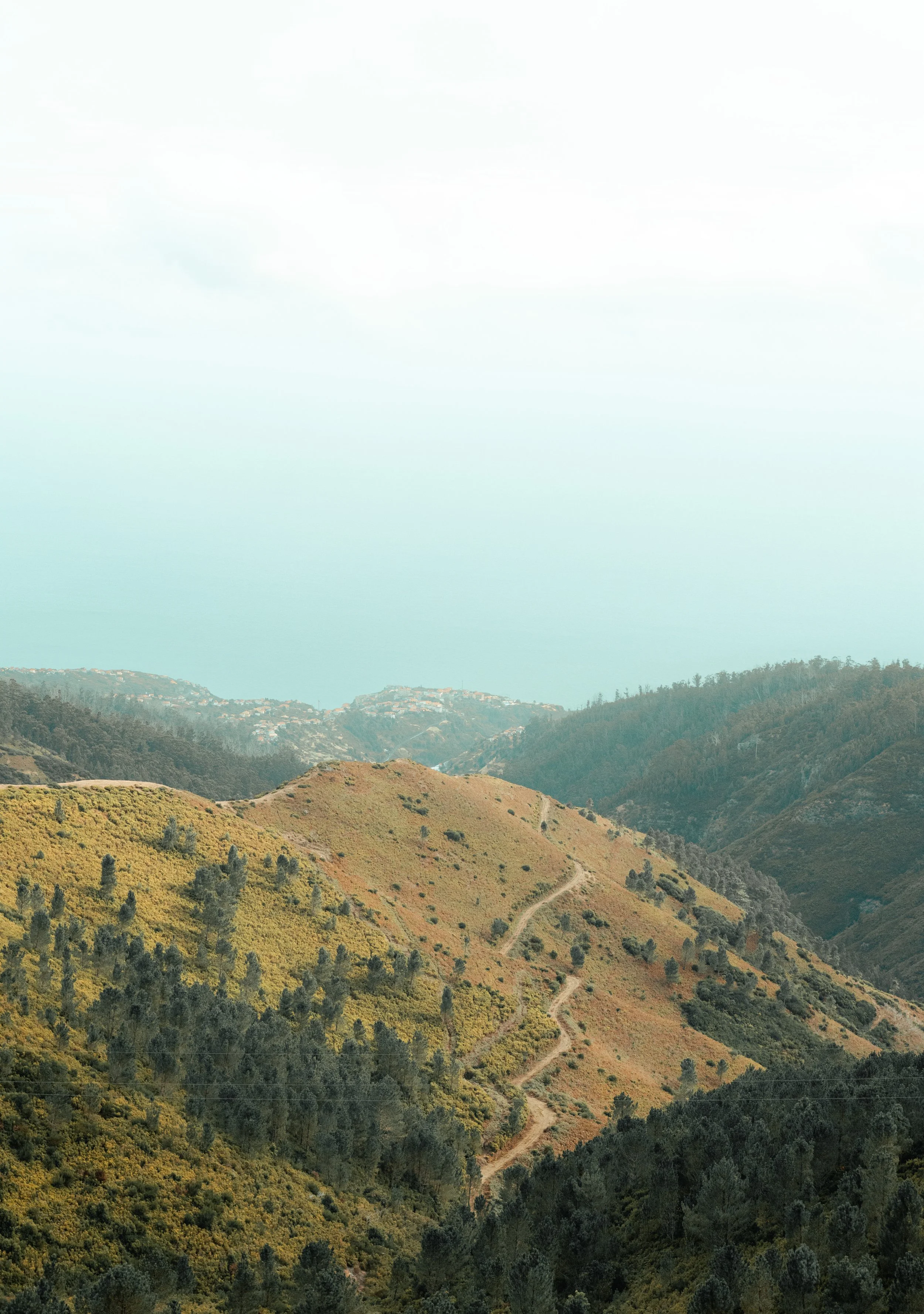 Hilly landscape with winding dirt trail, green and brown vegetation, and distant houses on the hills.