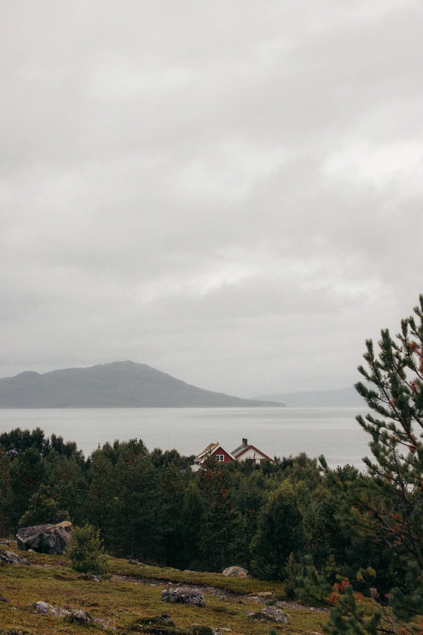 A cloudy landscape with houses near a body of water, surrounded by trees, with mountains in the distance.