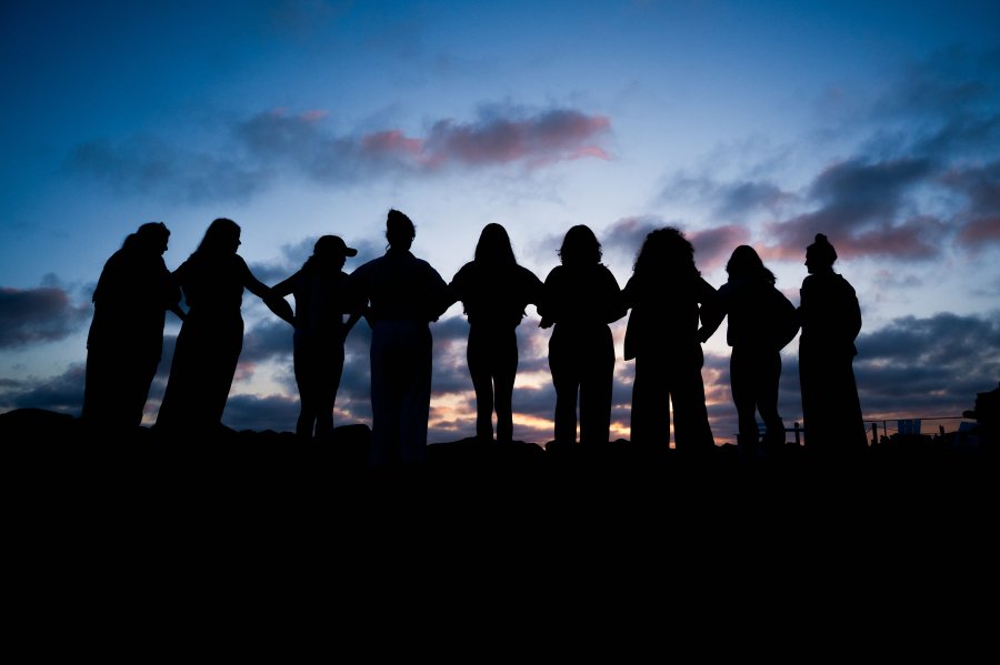 Bizz Bitch Community members standing in a line at sunset, holding hands and silhouetted against a colorful evening sky, symbolizing unity, empowerment, and connection.