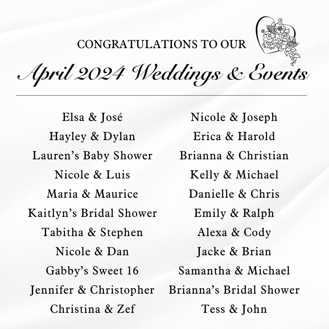 Congratulations to our April 2024 couples and events! 💍💐 We are so excited to bring all of their floral, signage, and d&eacute;cor visions to life!

Want to meet with a floral designer about your upcoming wedding day? To book a consultation submit 