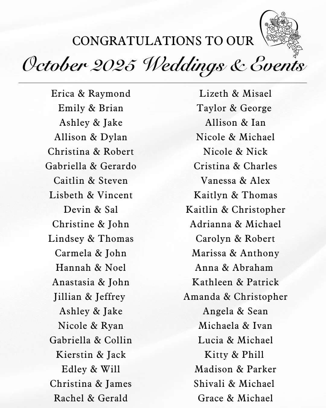 Congratulations to our October 2025 couples and events! 💍💐 We are so excited to bring all of their floral, signage, and d&eacute;cor visions to life!

Want to meet with a floral designer about your upcoming wedding day? To book a consultation submi