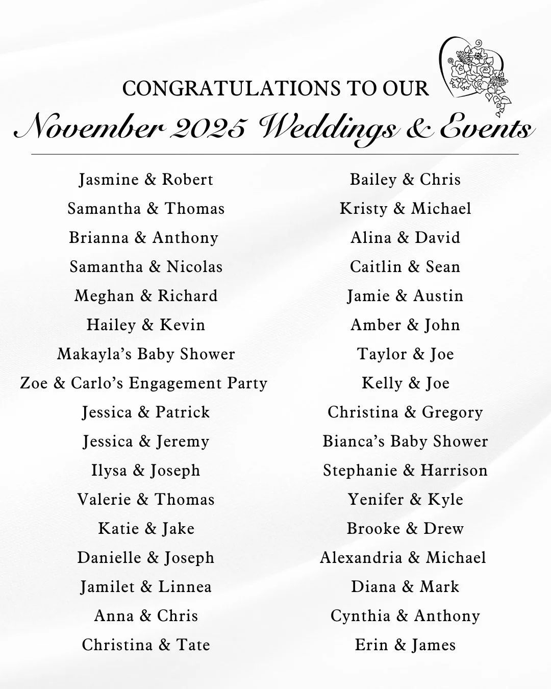 Congratulations to our November 2025 couples and events! 💍💐 We are so excited to bring all of their floral, signage, and d&eacute;cor visions to life!

Want to meet with a floral designer about your upcoming wedding day? To book a consultation subm