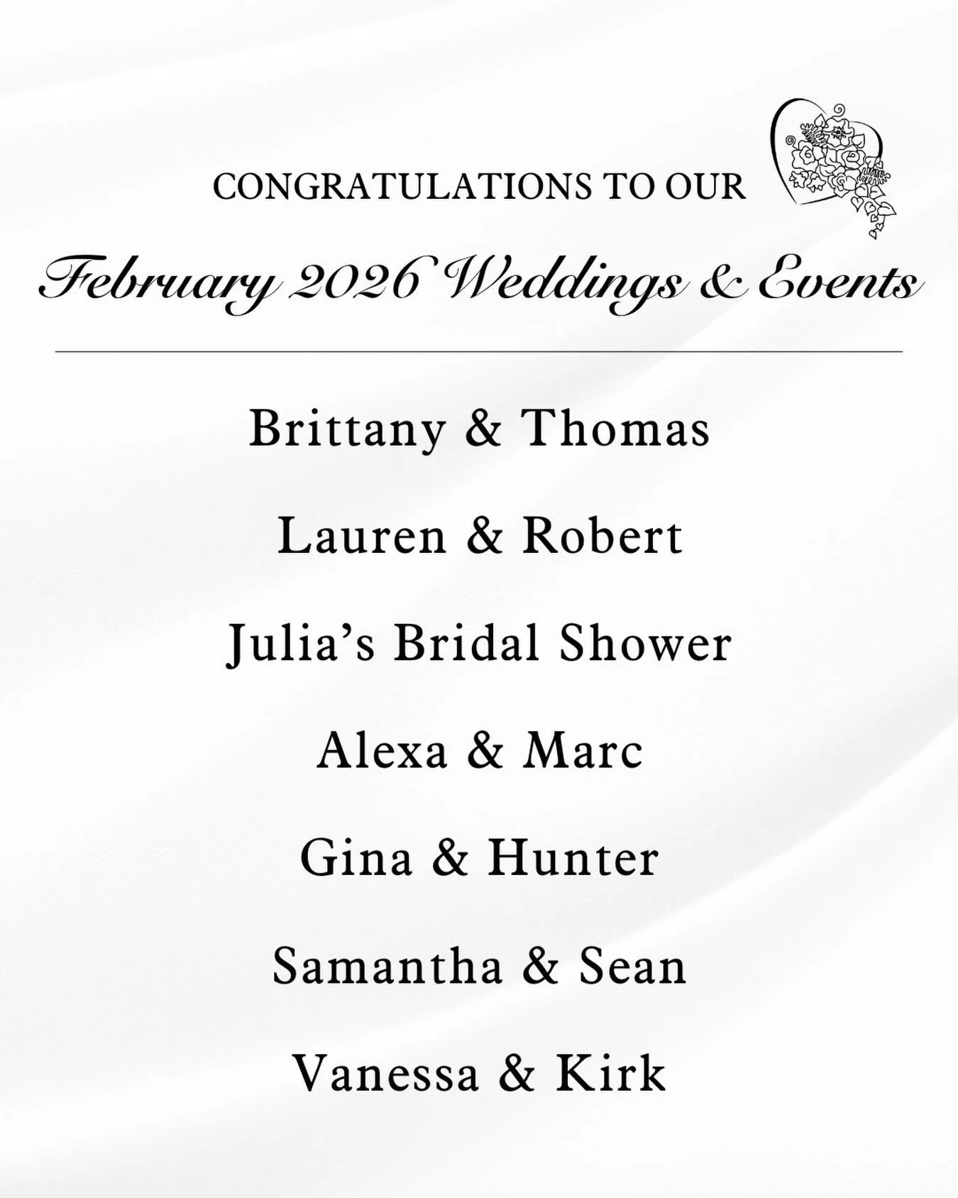 Congratulations to our February 2026 couples and events! We are so excited to bring their floral, signage, and d&eacute;cor visions to life!💐

Want to meet with a floral designer about your upcoming wedding day? To book a consultation submit an inqu