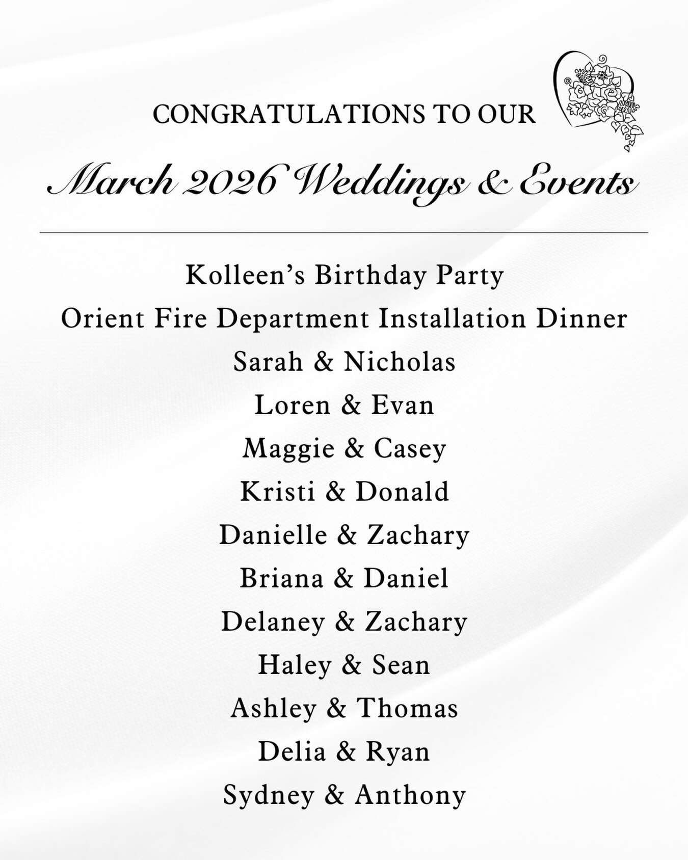Congratulations to our March 2026 couples and events! We are so excited to bring their floral, signage, and d&eacute;cor visions to life!💐

Want to meet with a floral designer about your upcoming wedding day? To book a consultation submit an inquiry