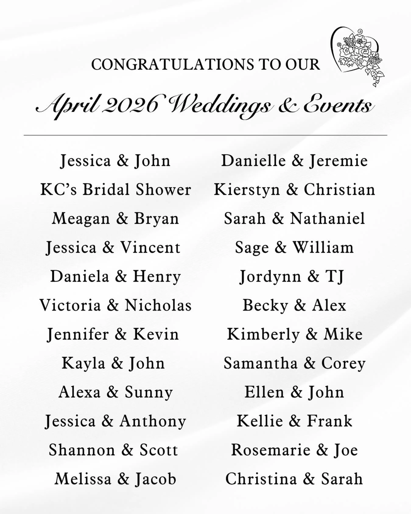 Congratulations to our April 2026 couples and events! We are so excited to bring their floral, signage, and d&eacute;cor visions to life!💐

Want to meet with a floral designer about your upcoming wedding day? To book a consultation submit an inquiry
