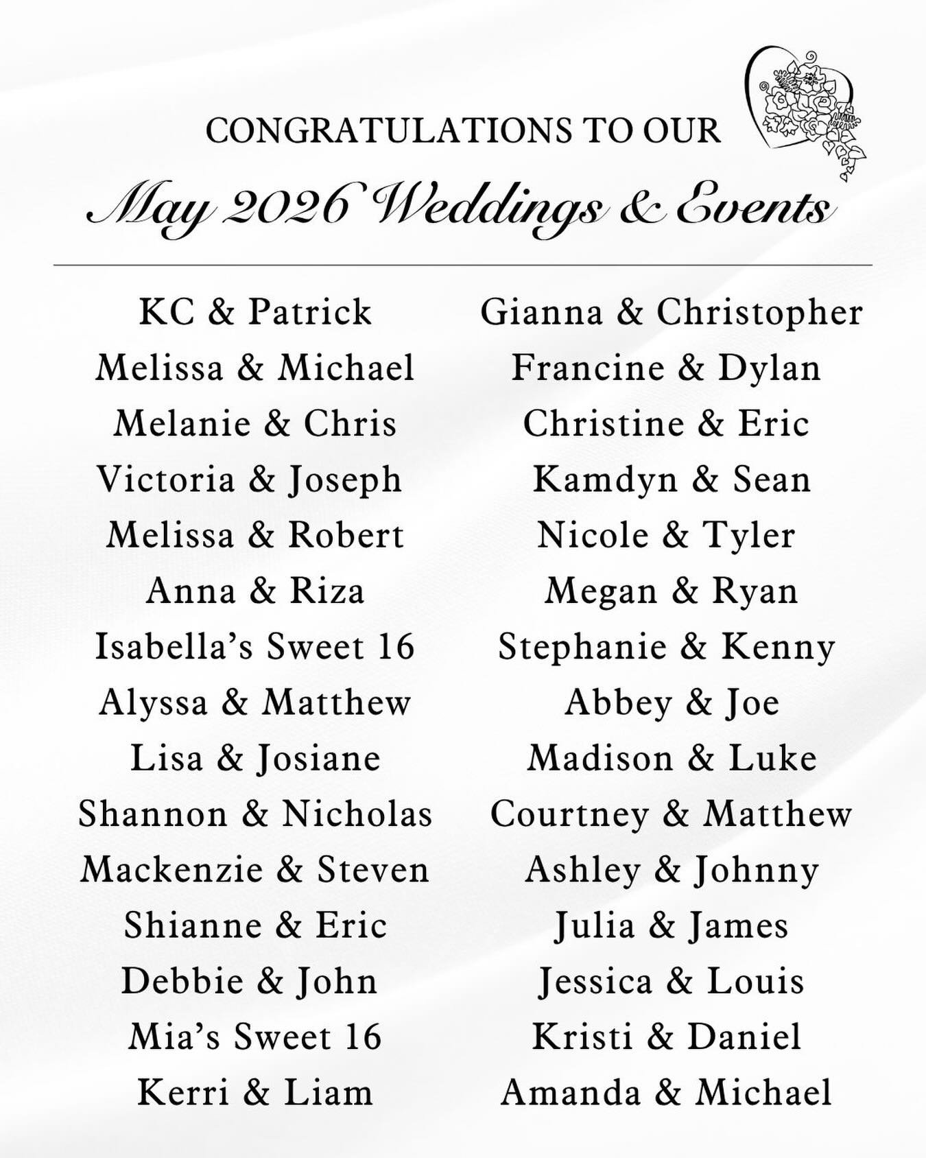 Congratulations to our May 2026 couples and events! We are so excited to bring their floral, signage, and d&eacute;cor visions to life!💐

Want to meet with a floral designer about your upcoming wedding day? To book a consultation submit an inquiry f