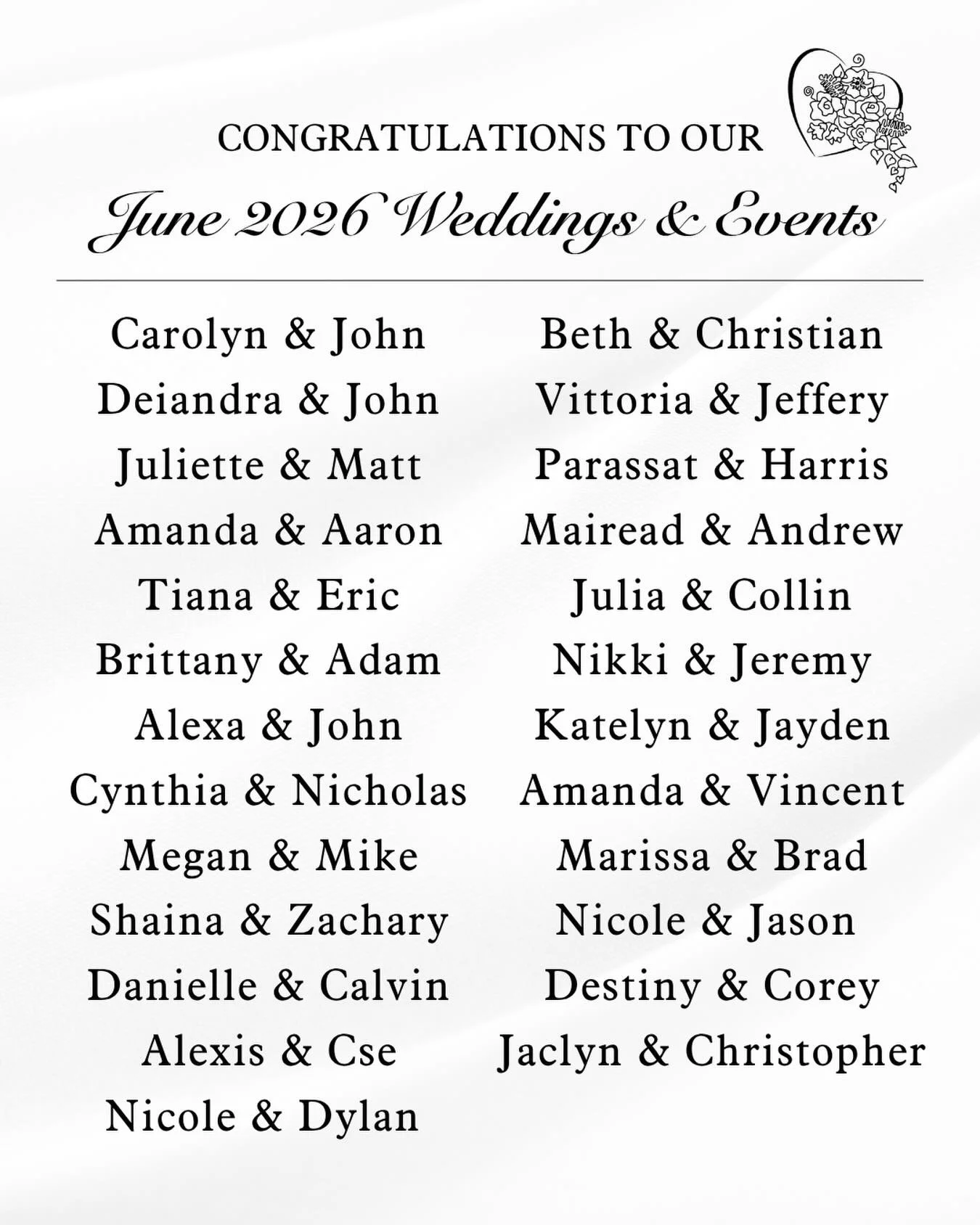 Congratulations to our June 2026 couples and events! We are so excited to bring their floral, signage, and d&eacute;cor visions to life!💐

Want to meet with a floral designer about your upcoming wedding day? To book a consultation submit an inquiry 