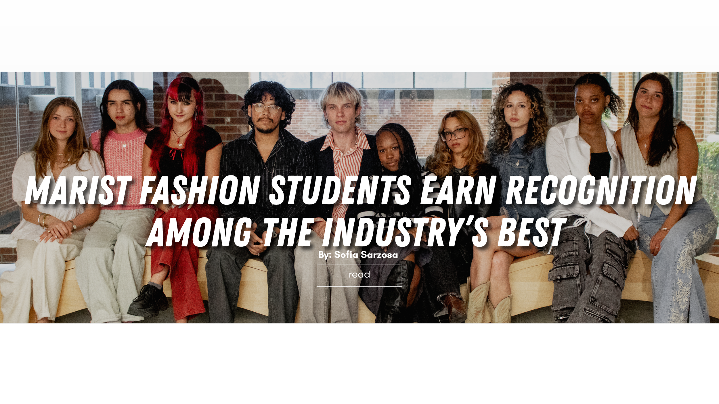Group of diverse fashion students sitting on a bench in a modern building with large windows, behind a bold overlay text about recognition in the industry.