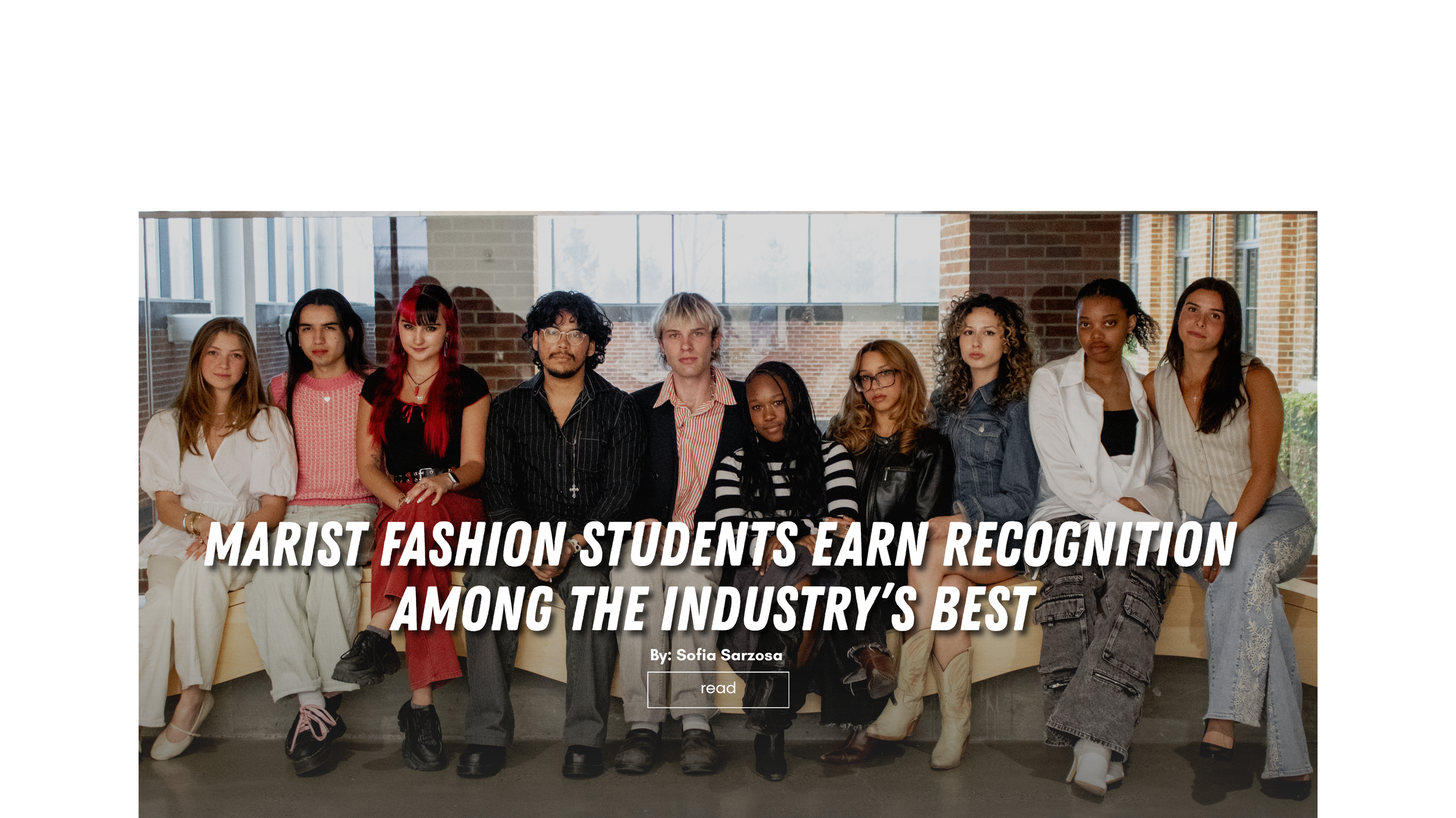 Group of diverse students sitting together indoors, with a brick wall and large windows in the background, and overlaid text mentioning recognition among industry.