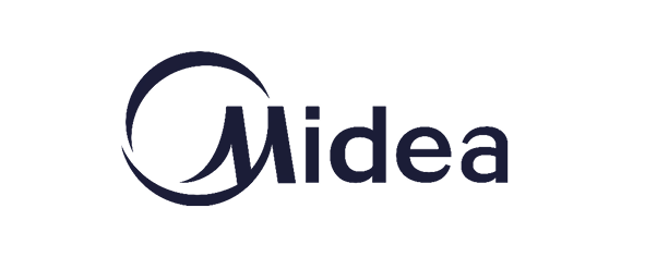 Das Bild zeigt das Logo der Firma Midea, bestehend aus einem stilisierten Kreis und dem Firmennamen in dunkler Schrift.