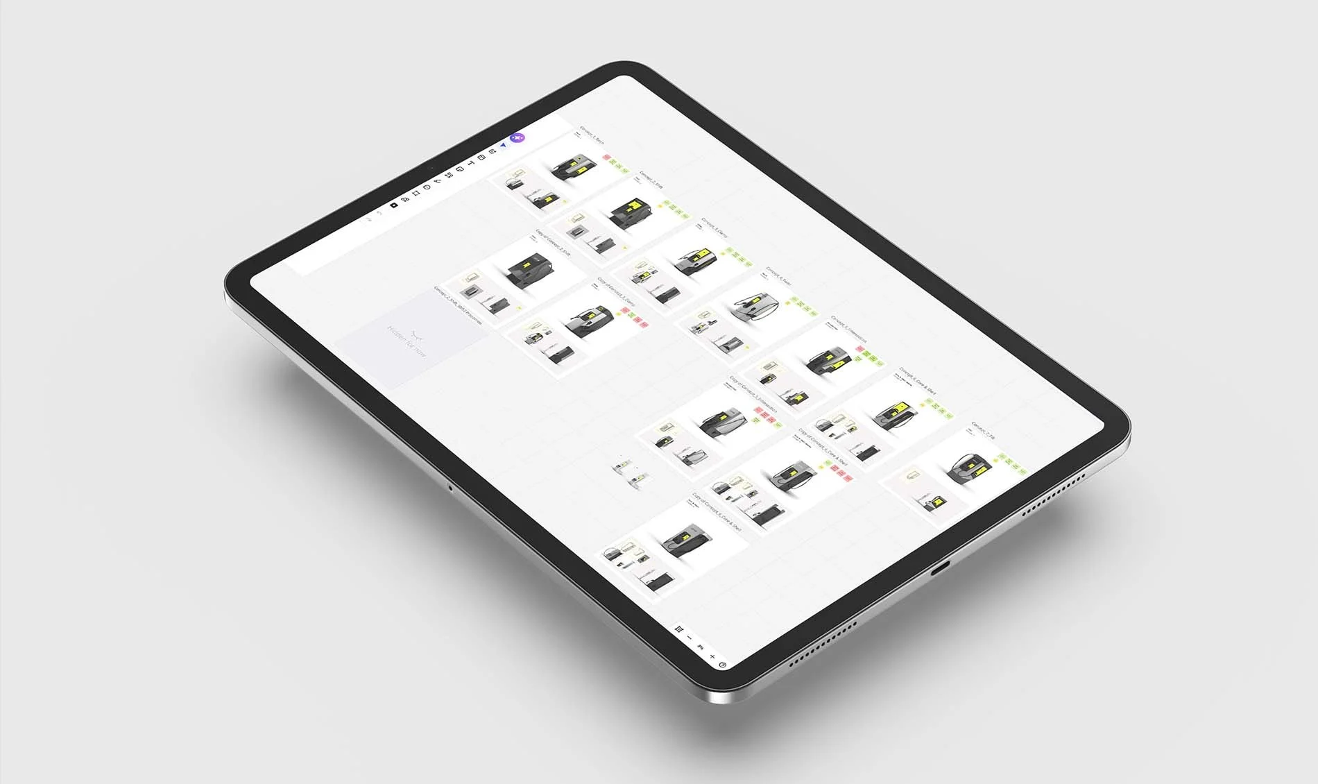 Ein Tablet zeigt eine Verkaufsseite mit verschiedenen Druckern und Zubehör auf einem hellgrauen Hintergrund.