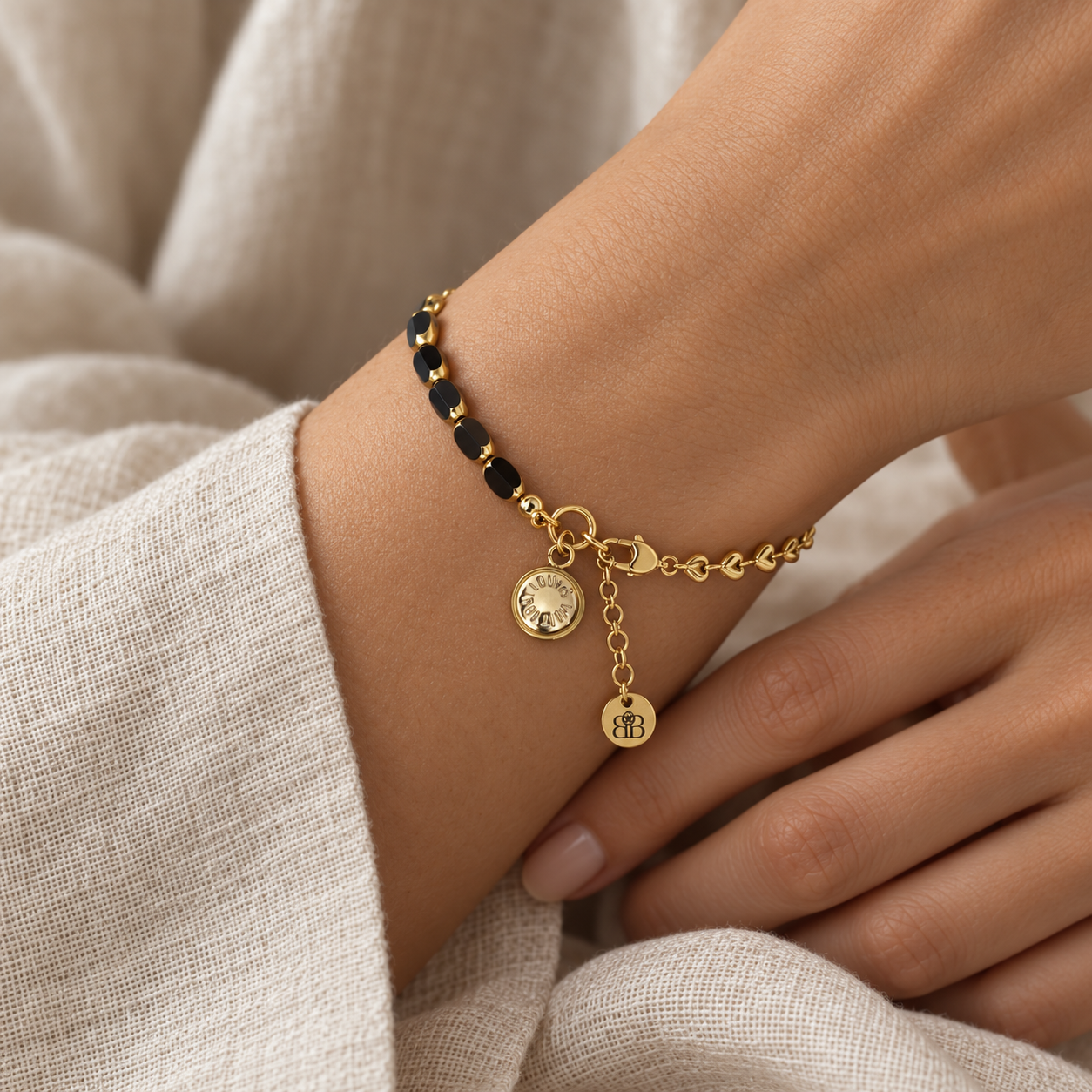 Black Beads and Golden Hearts Bracelet.png