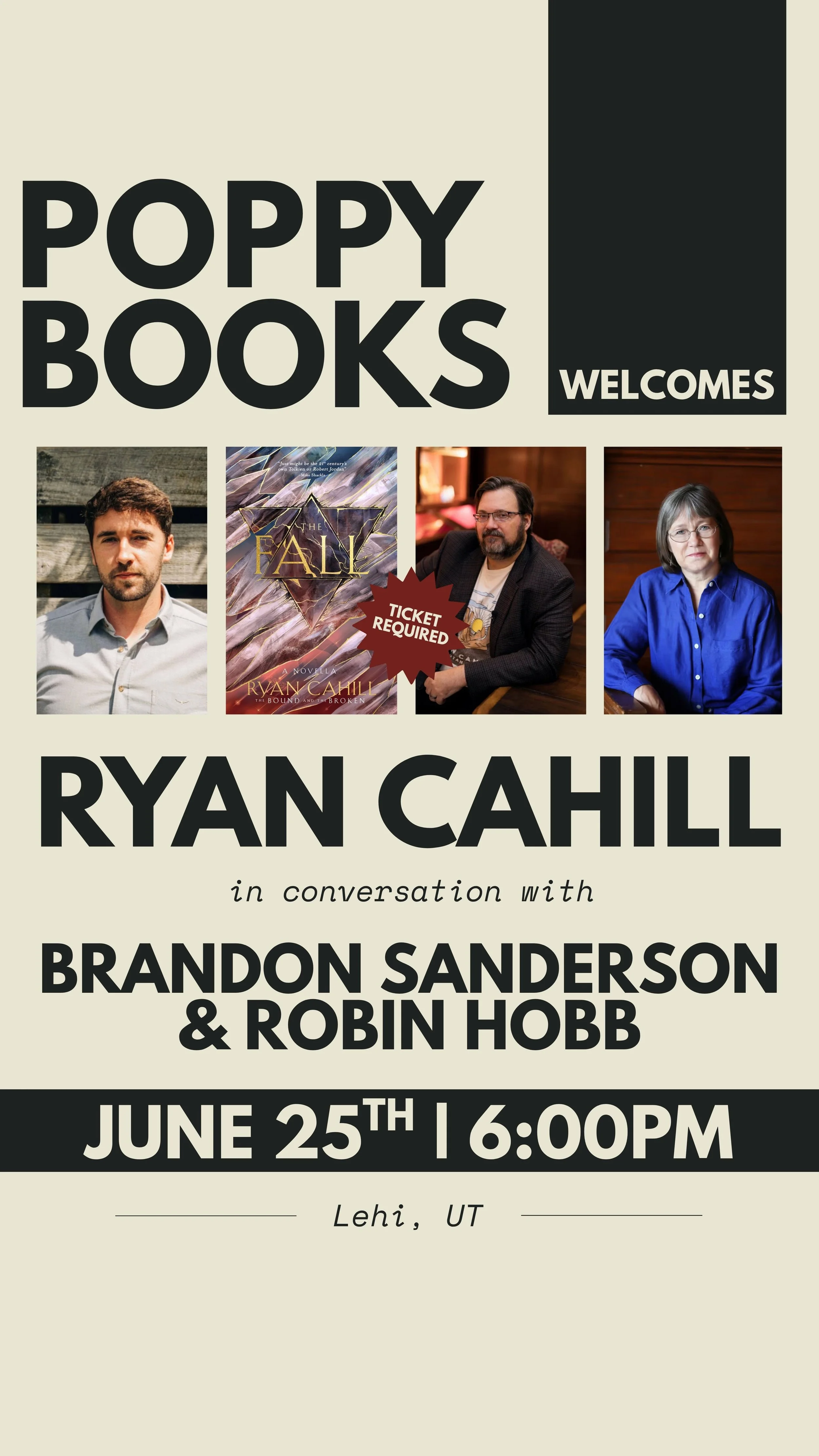 Author Event: Ryan Cahill, Brandon Sanderson and Robin Hobb