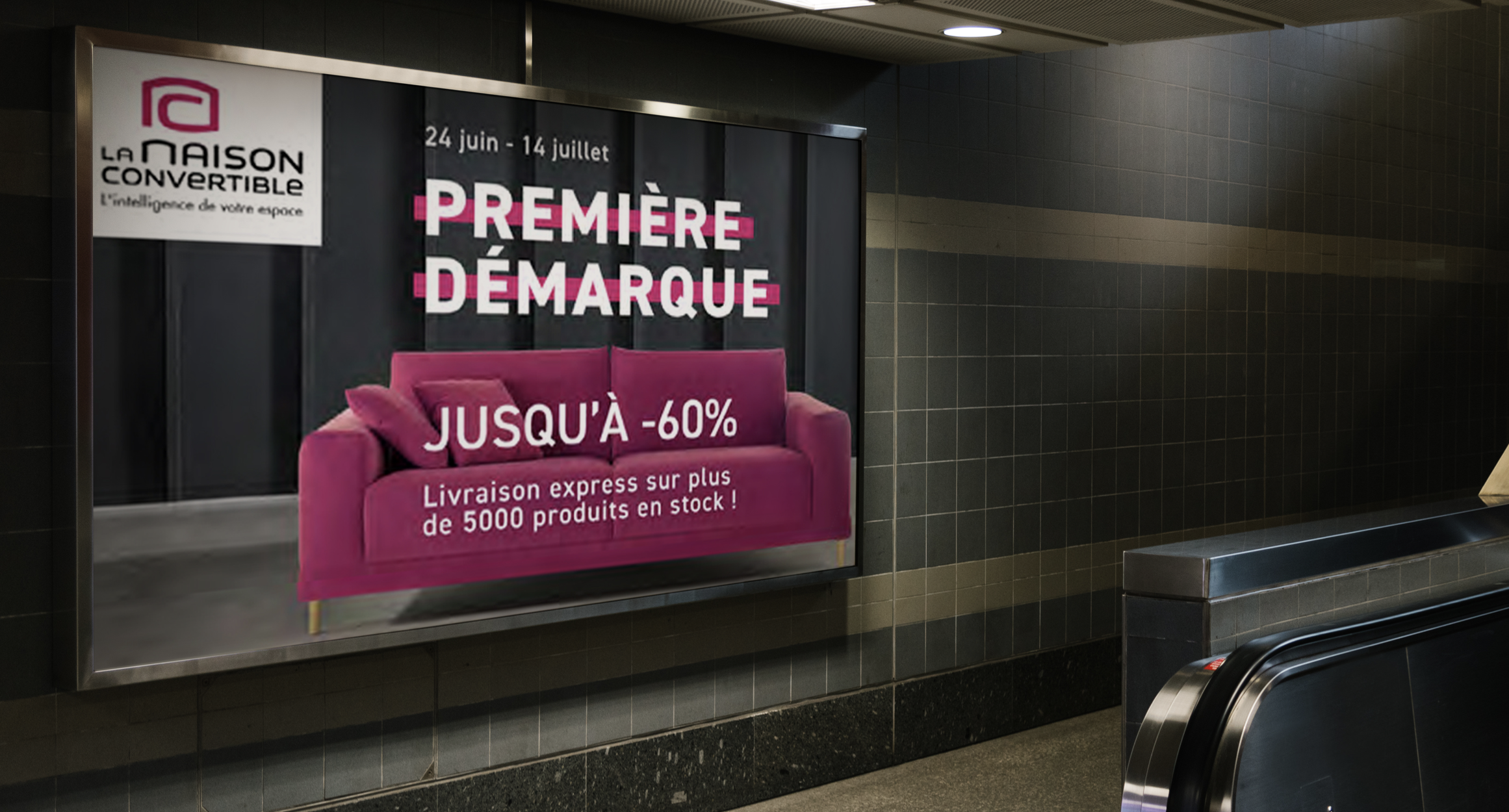 Conception de l'affiche de campagne soldes première démarque pour La Maison Du Convertible métro 2020