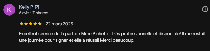 Avis positif de Kelly P sur un service professionnel de Mme Pichette avec une note de 5 étoiles, daté du 22 mars 2025.