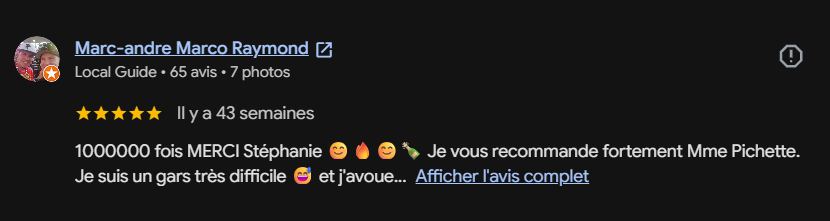 Capture d'écran d'une page d'avis en ligne, avec un profil, une note de cinq étoiles, et un commentaire en français. 