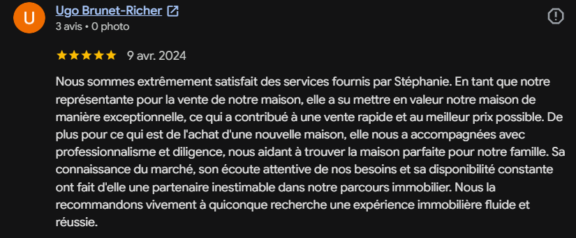 Avis client en français, exprimant une grande satisfaction des services liés à la vente et à l'achat immobilier avec des détails sur la professionnalisme et la connaissance du marché.
