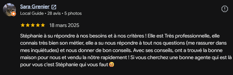 Capture d'écran d'une critique favorable sur une plateforme, datée du 18 mars 2025, mentionnant une agent immobilière nommée Stéphanie.