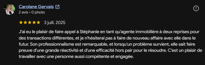 Post LinkedIn d'une recommandation en français pour une agente immobilière nommée Stéphanie, exprimant sa satisfaction quant à son professionnalisme et sa réactivité.