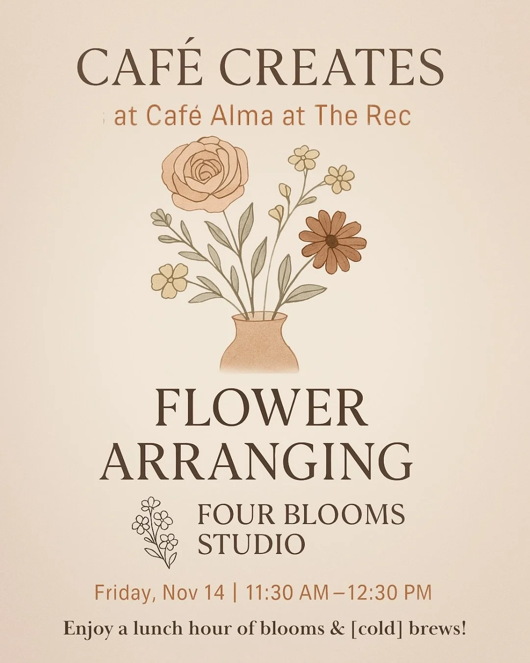 Caf&eacute; Creates is blooming 🌷
We&rsquo;re thrilled to kick off our new creative class series @blueashrecreation with @fourbloomsstudio and the incredibly talented Emily Werbel&mdash;join us for a hands-on flower arranging workshop at Caf&eacute;