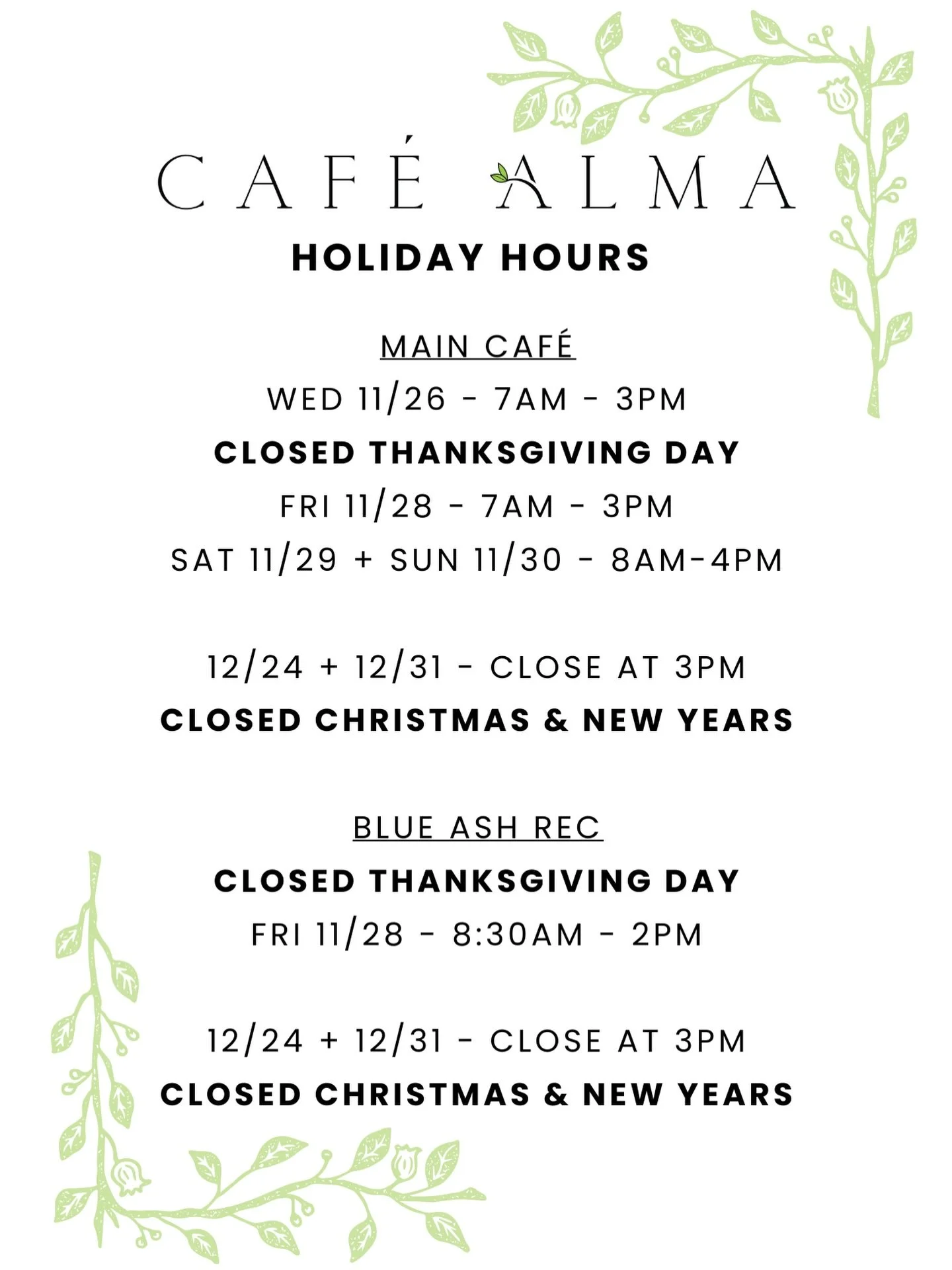 Holiday Hours for the entire season 🍁❄️ Plan accordingly to come see us. We can&rsquo;t wait to celebrate with all of you! 

Happy Thanksgiving to all! We are thankful for this amazing community!