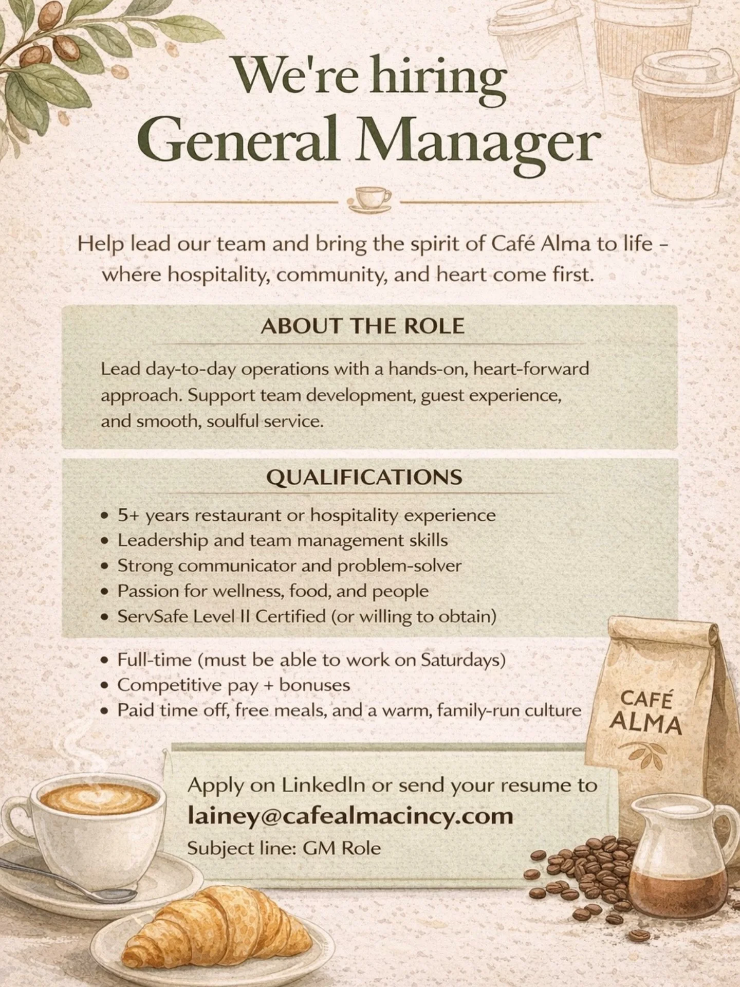 Lead with purpose. Serve with heart.
We&rsquo;re hiring a GENERAL MANAGER to help shape the guest experience, be a fearless leader to support our team, and bring the Caf&eacute; Alma spirit to life every day.

This full-time role is ideal for someone