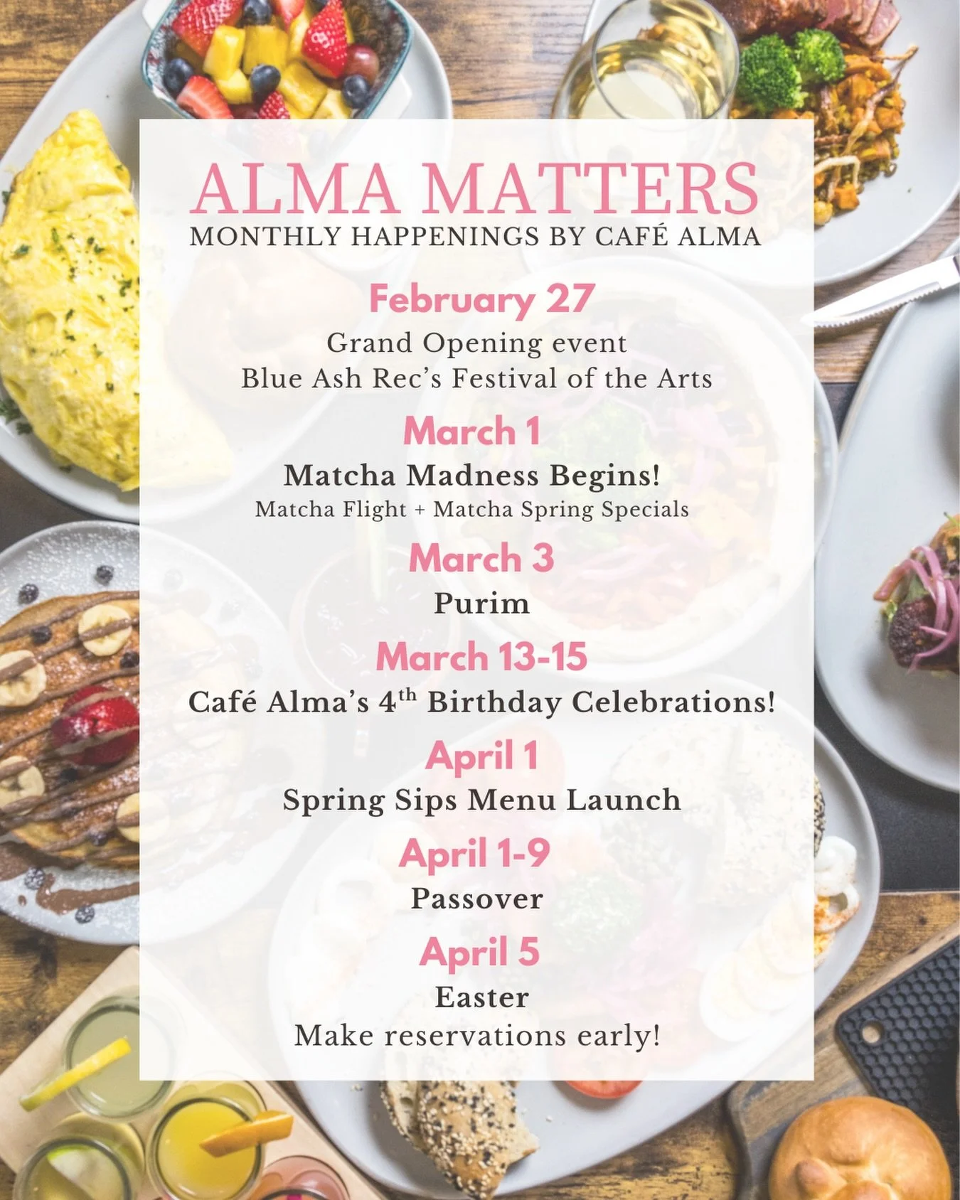 March is one of our favorite months at Alma 💚

It&rsquo;s almost Matcha Madness season 🍵
Starting March 1, we&rsquo;re bringing back our Matcha Flight with  brand-new flavors and full size specials. Fresh, vibrant, and made for longer, sunnier days