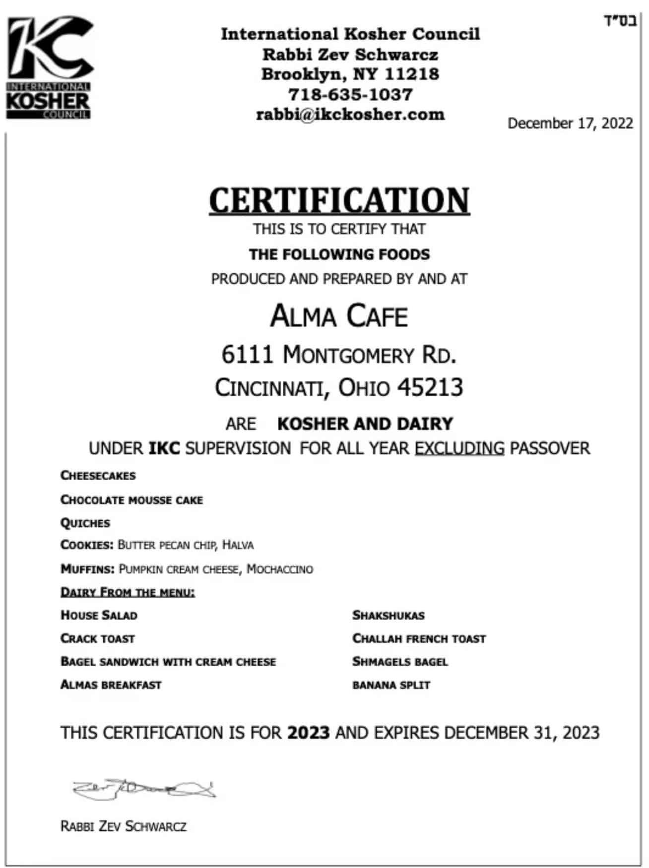 kosher and dairy certified