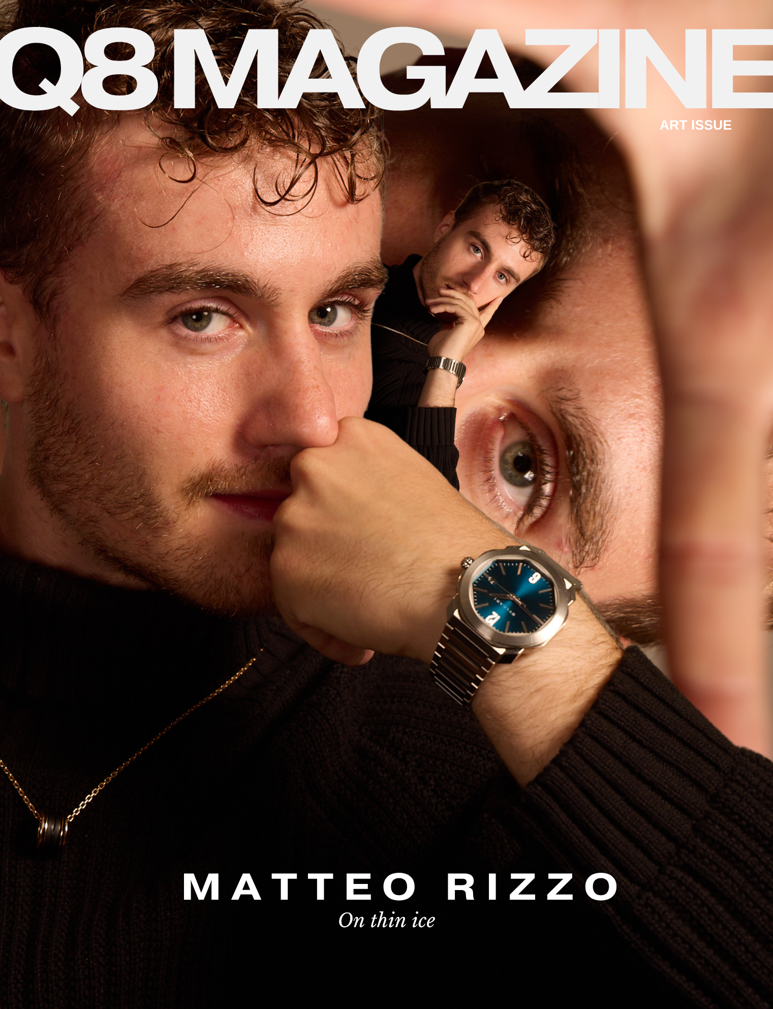 Portada de una revista con la imagen de un hombre con barba, cabello rizado, sosteniendo su rostro con una mano que lleva un reloj, y una segunda imagen más pequeña de la misma persona con expresión pensativa en el fondo. Texto que dice 'Q8 MAGAZINE'