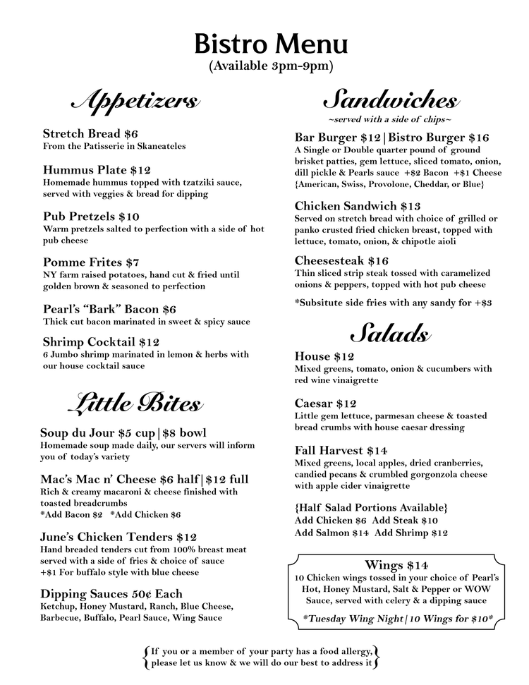 MENU — Pearl's Caz Bar & Bistro