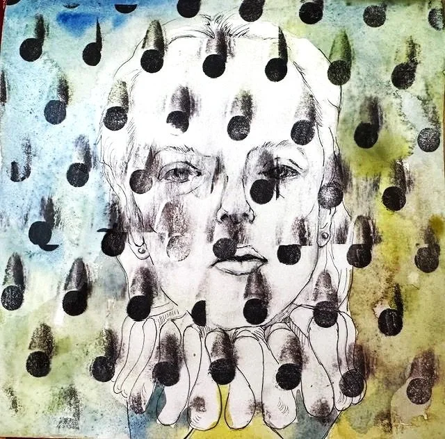 It's hot in here, 9 x 9", Acetone transfer with watercolor and graphite on Arches paper