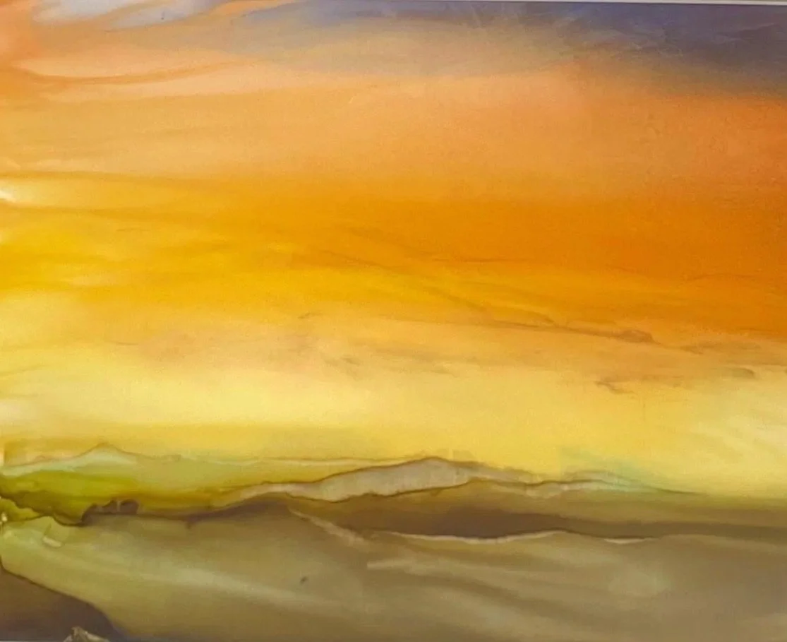 Sunset in purple, orange, and yellow, 13 x 9", alcohol ink on Yupo paper