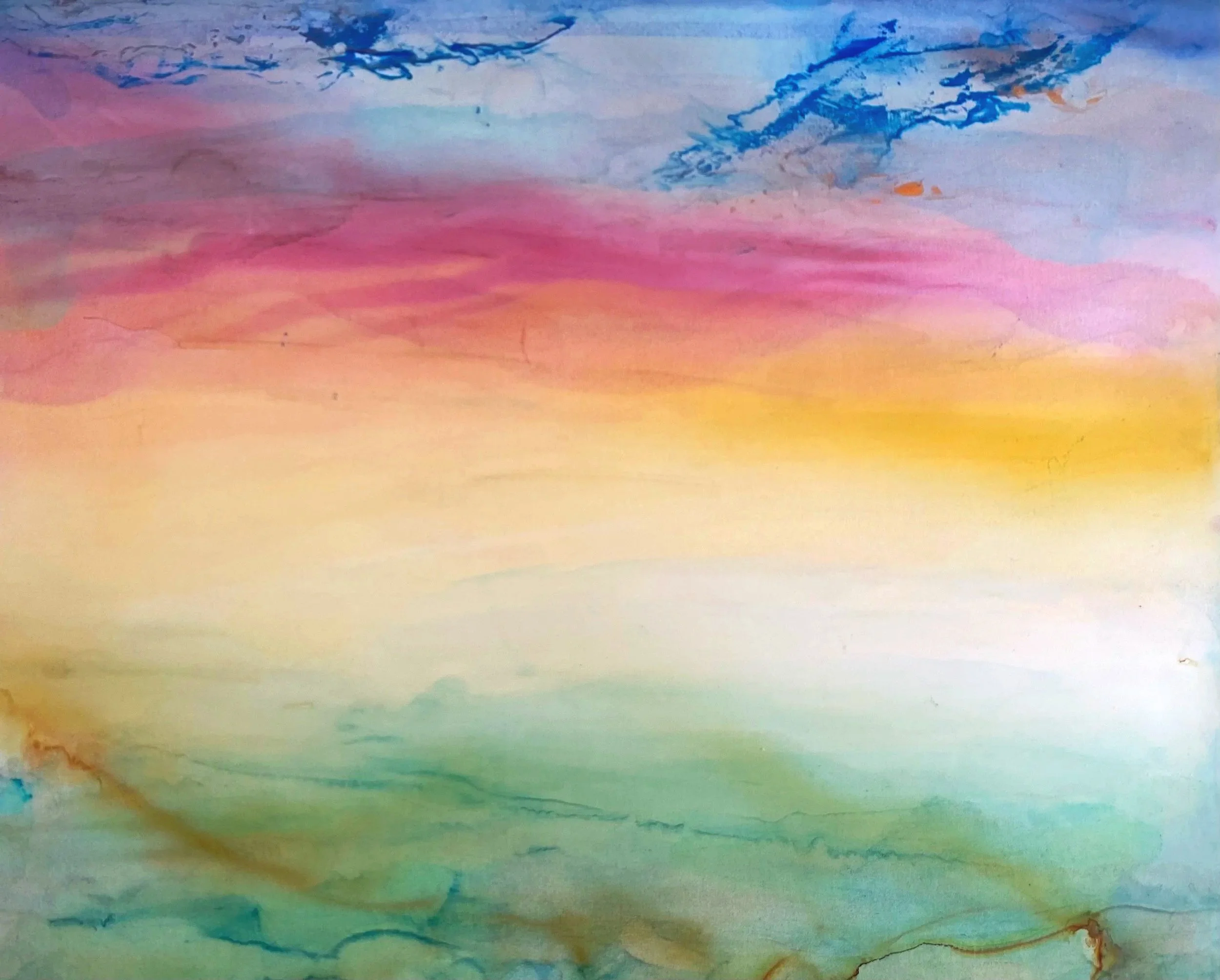 Sunset in blue, pink, yellow, 10 x 8", alcohol ink on Yupo paper