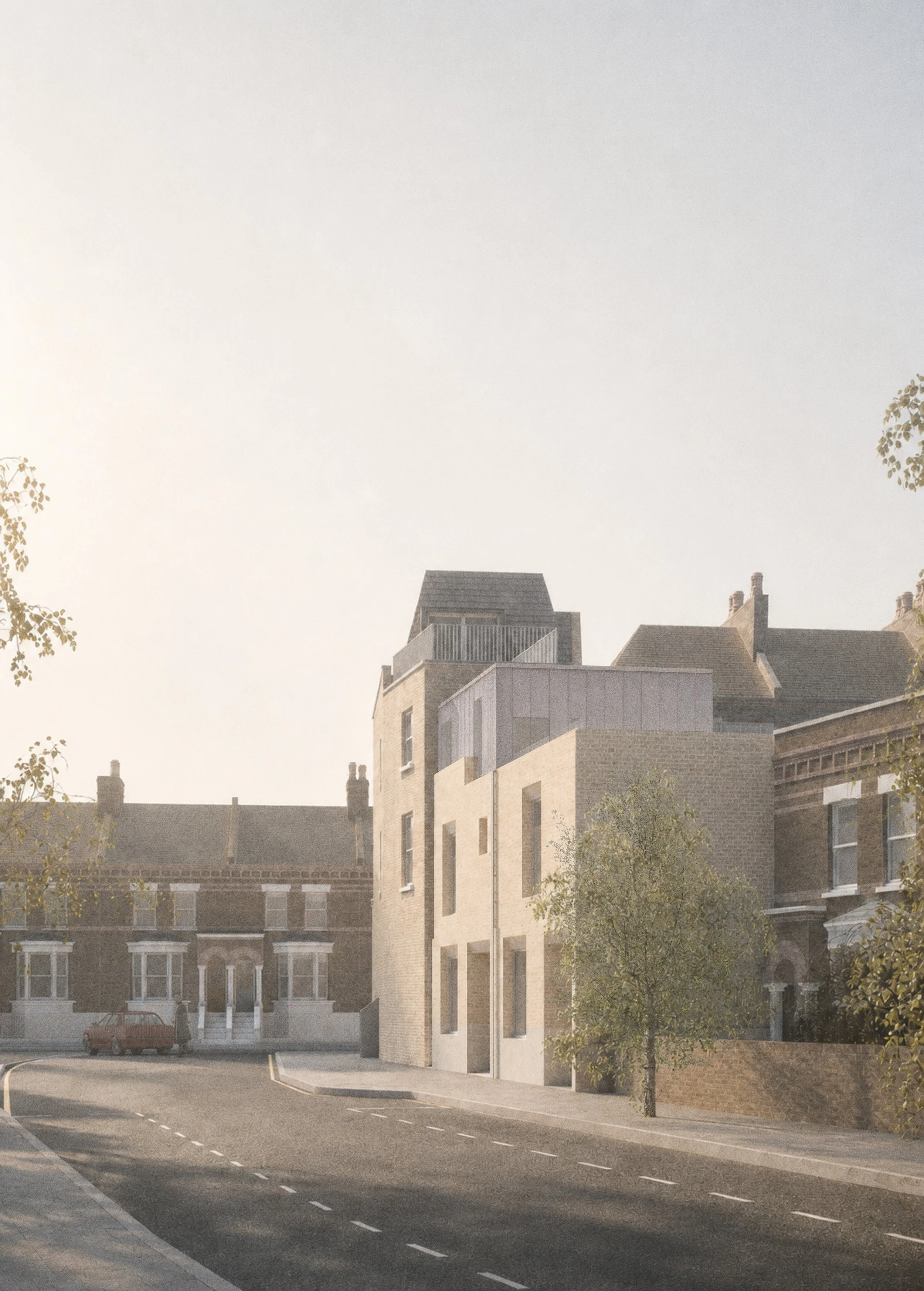 Kieran Wardle Architects — Sunlit street scene with multi-story residential buildings, a small tree, and a vintage red car parked on the curb.