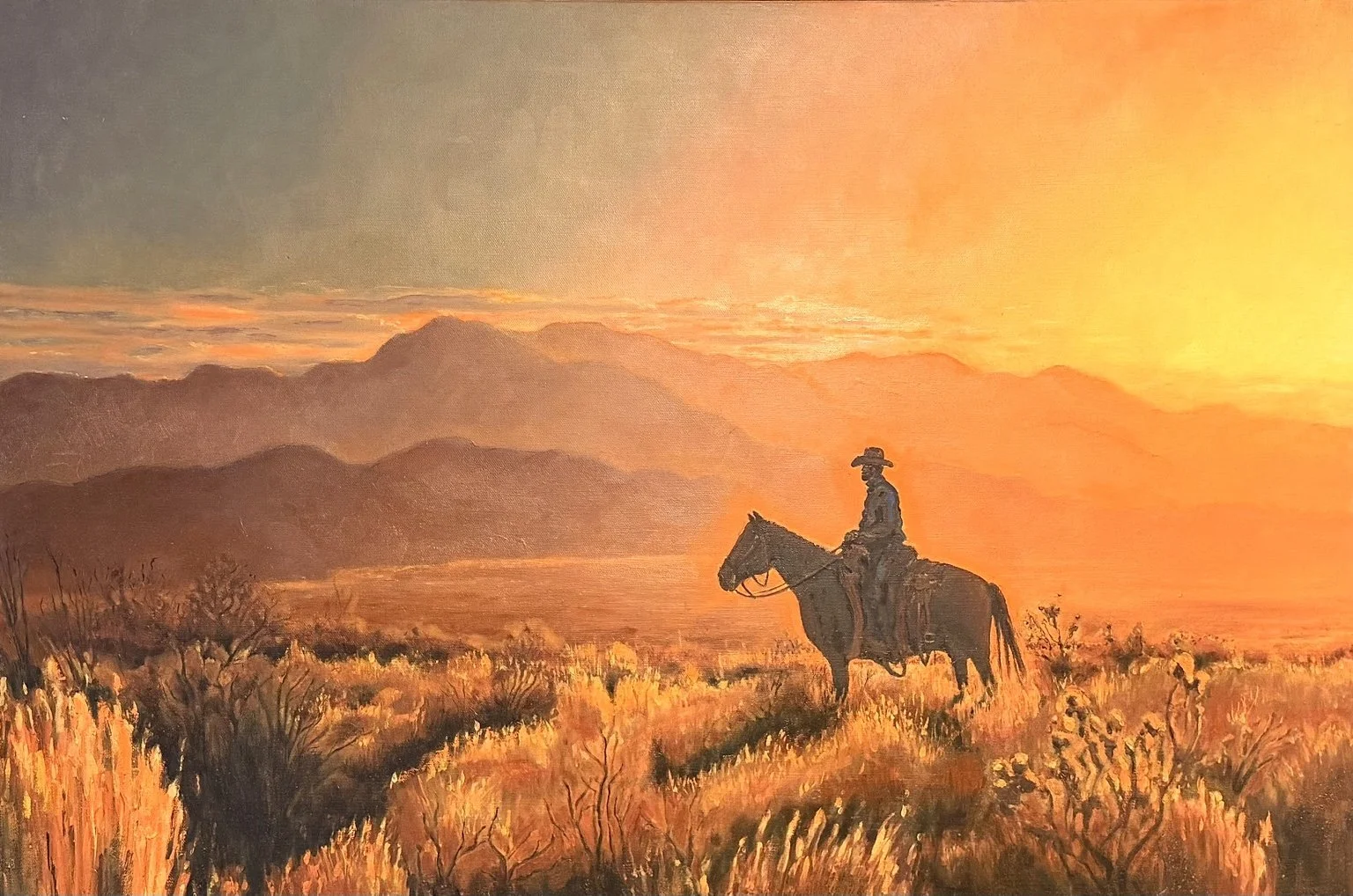 Original Western painting by Justin M. Dolan, depicting a cowboy on horseback beneath a glowing sunset.
