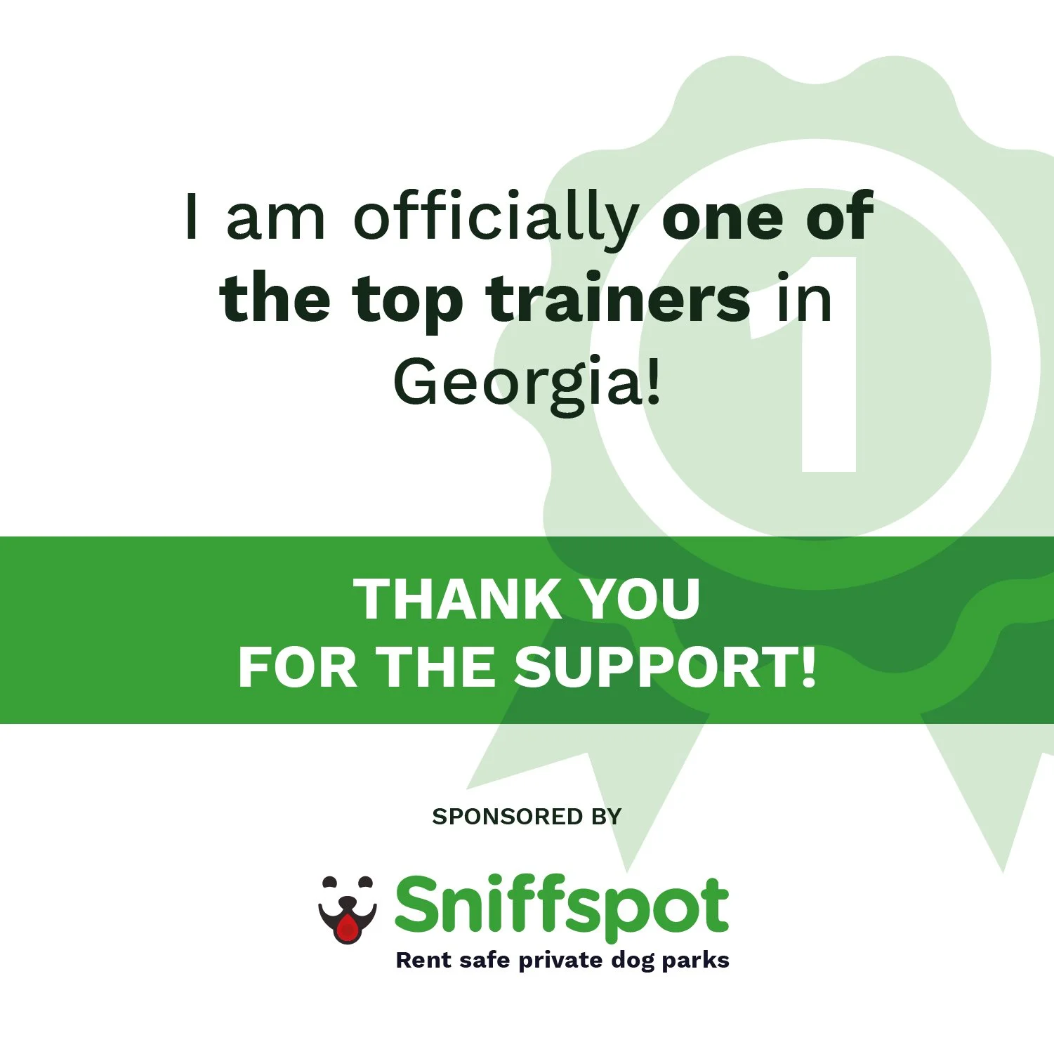 Award announcement for top trainers in Georgia with Sniffspot sponsorship.