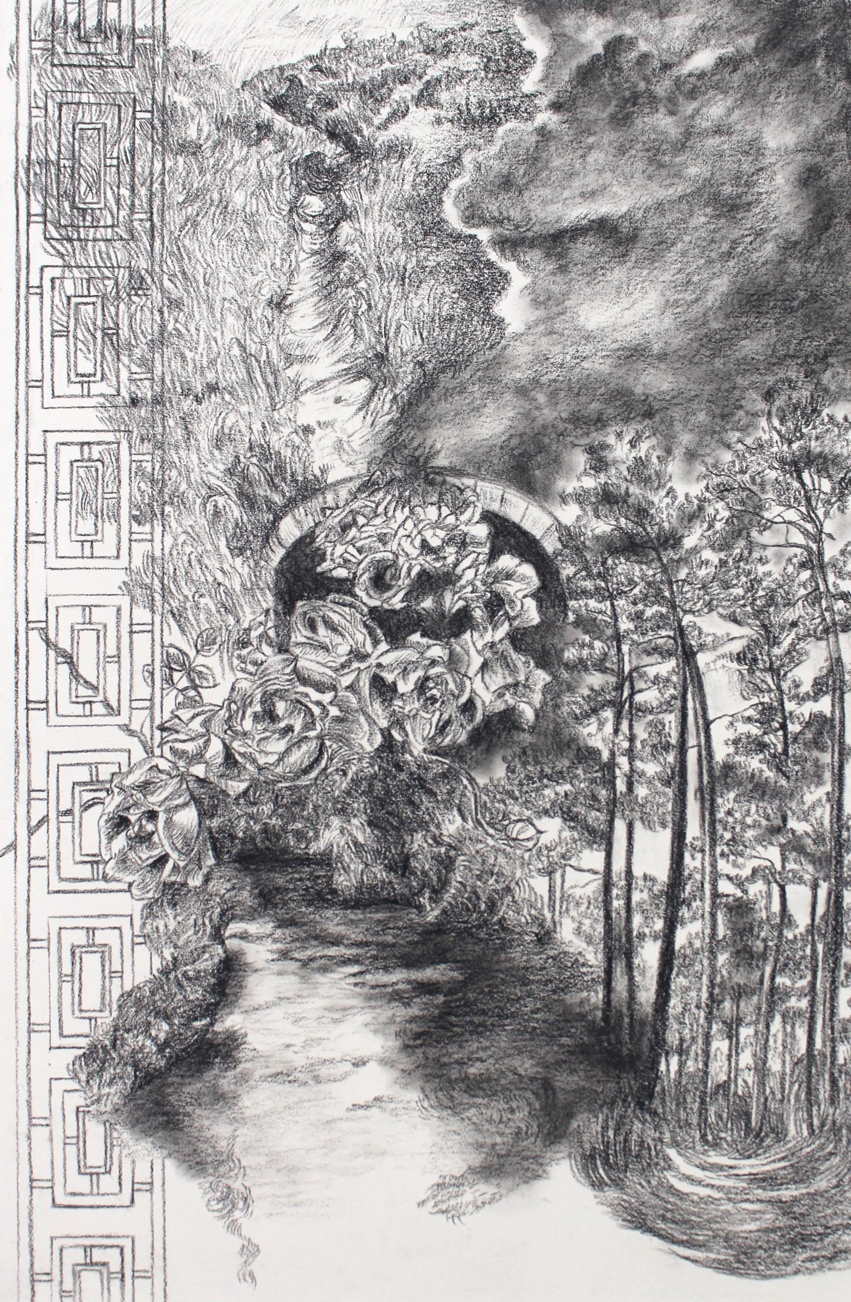 The Way of Roses, Charcoal pencil on paper, 2023, 19 1/2" x 15 1/2" (framed)